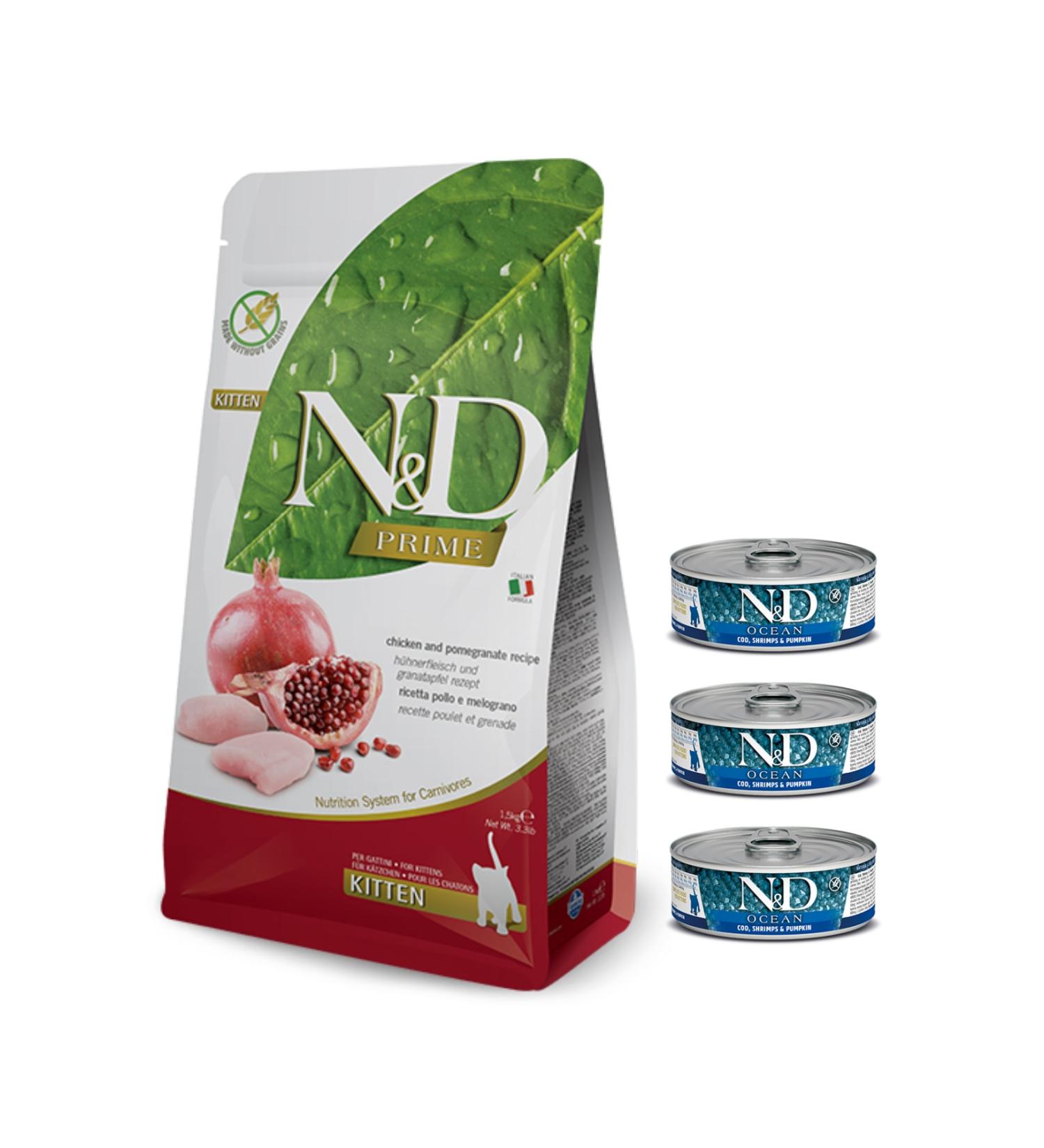 N & D Chicken and Pomegranate Grain-Free Kitten Cat Food 1.5 kg Kitten Canned 3 Pieces