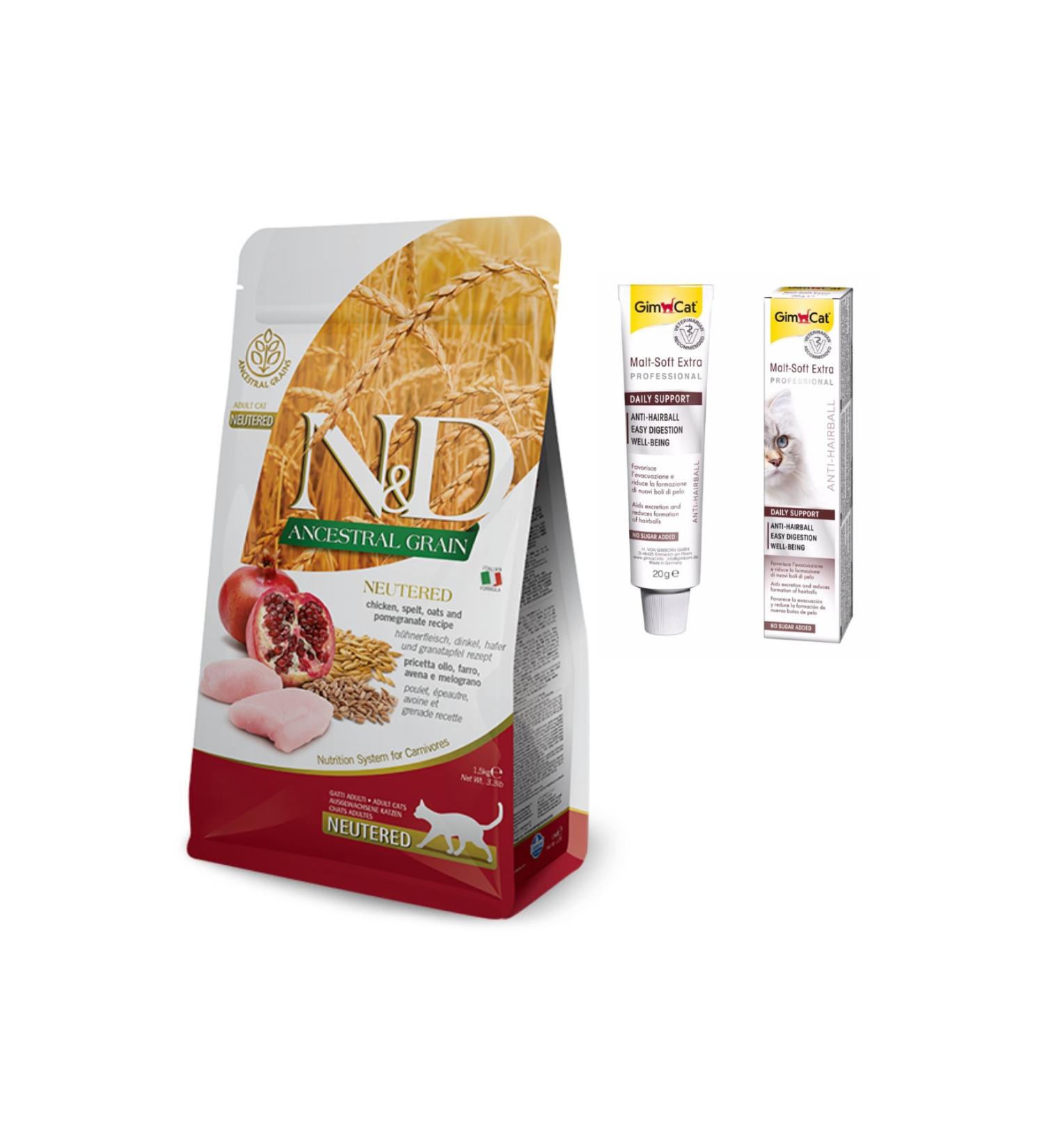 N & D Low Grain Chicken and Pomegranate Sterilized Cat Food 1.5 Kg + Gimcat Malt Soft Extra 20 Gr.