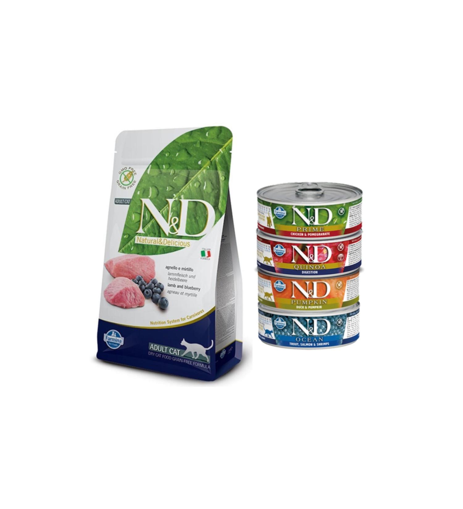 N & D Grain Free Lamb & Blueberry Cat Food 1.5 Kg + 4 Mixed Canned Food