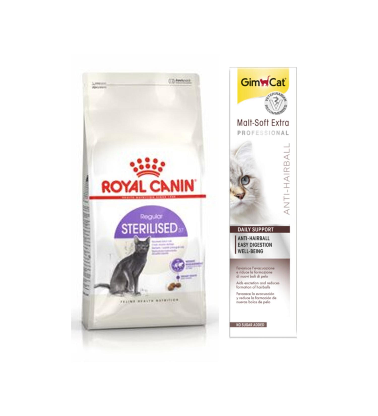 Royal Canin Sterilised 37 Neutered Cat Dry Food 2 Kg + Gimcat Anti-hairball Paste Cat Paste 100gr