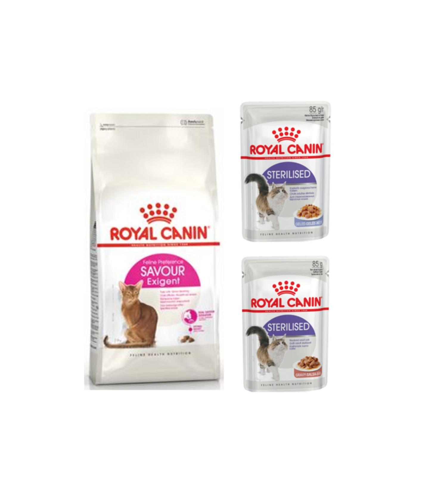 Royal Canin Savour Exigent Selective Cat Dry Food 2 kg + 2 Sterilised Neutered Cat Wet Food 85 gr