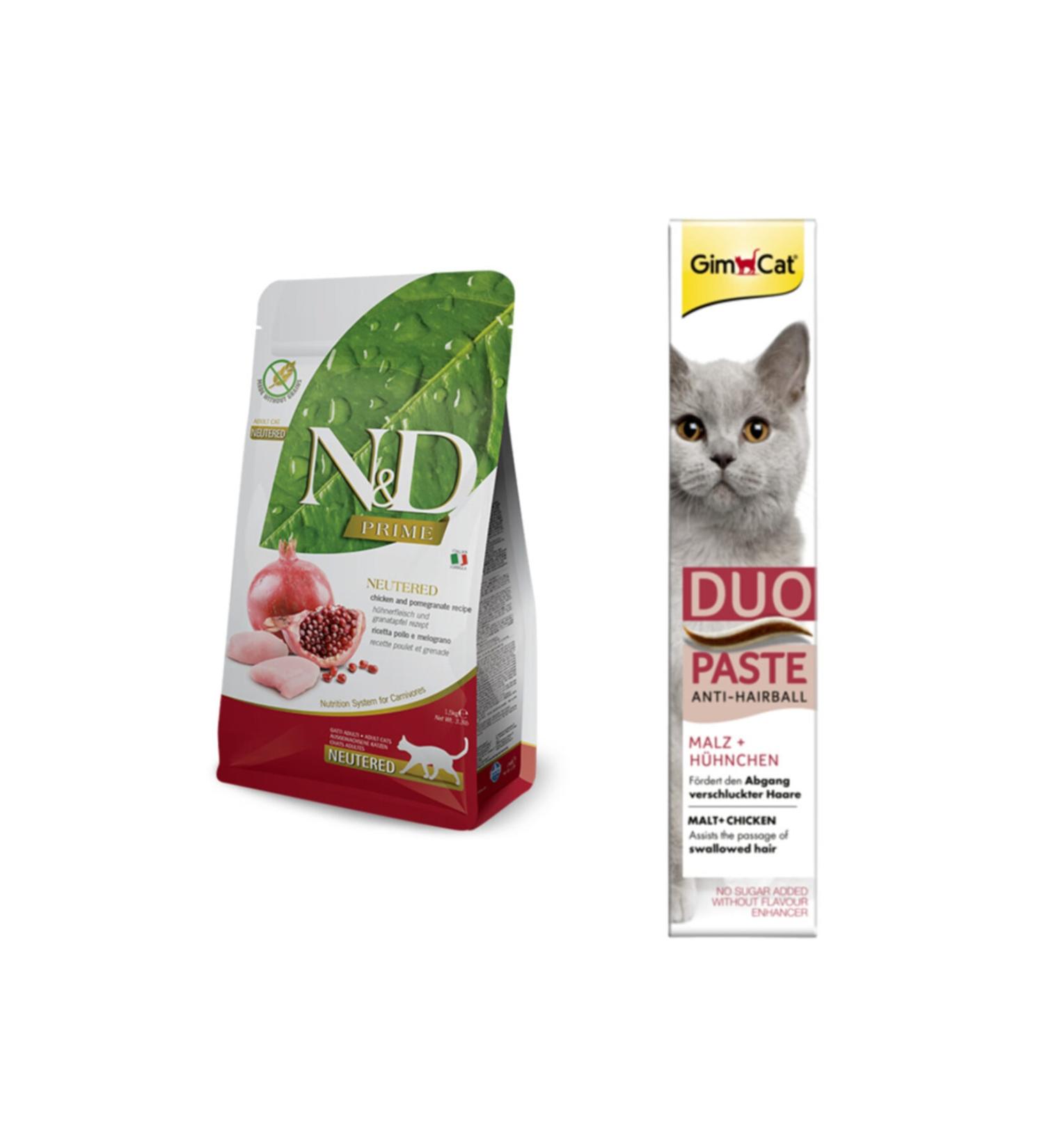 N & D Nd Grain-Free Sterilized Adult Cat Food 1.5 Kg + Gimcat Chicken Anti-hairball Malt 50gr