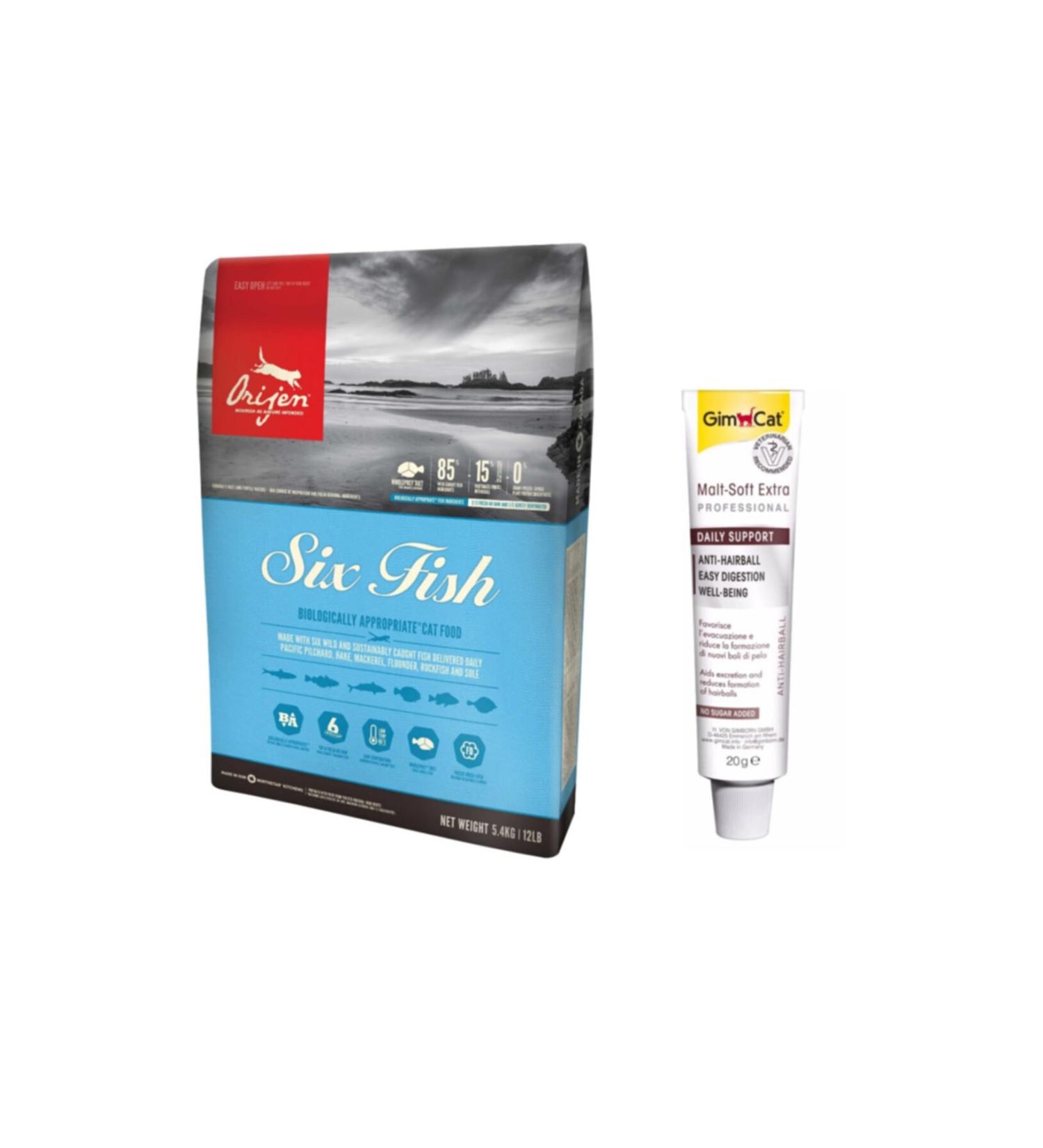 Orijen SIX FISH Adult and Kitten Cat Food 1.8 kg Gimcat Anti-hairball Malt Paste Cat Paste 20gr