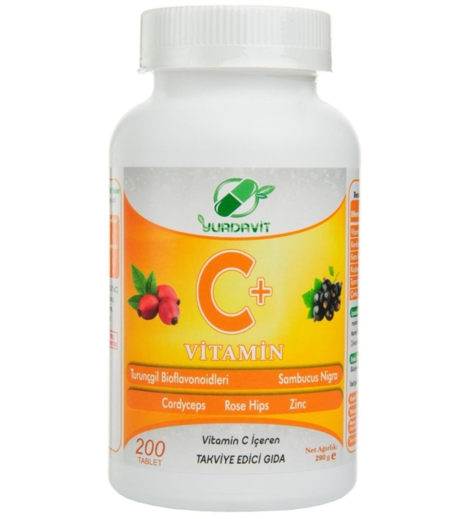 Yurdavit Vitamin C 1000 Mg Rose Hips Elderberry Zinc Citrus Bioflavonoids Cordyceps 200 Tablets