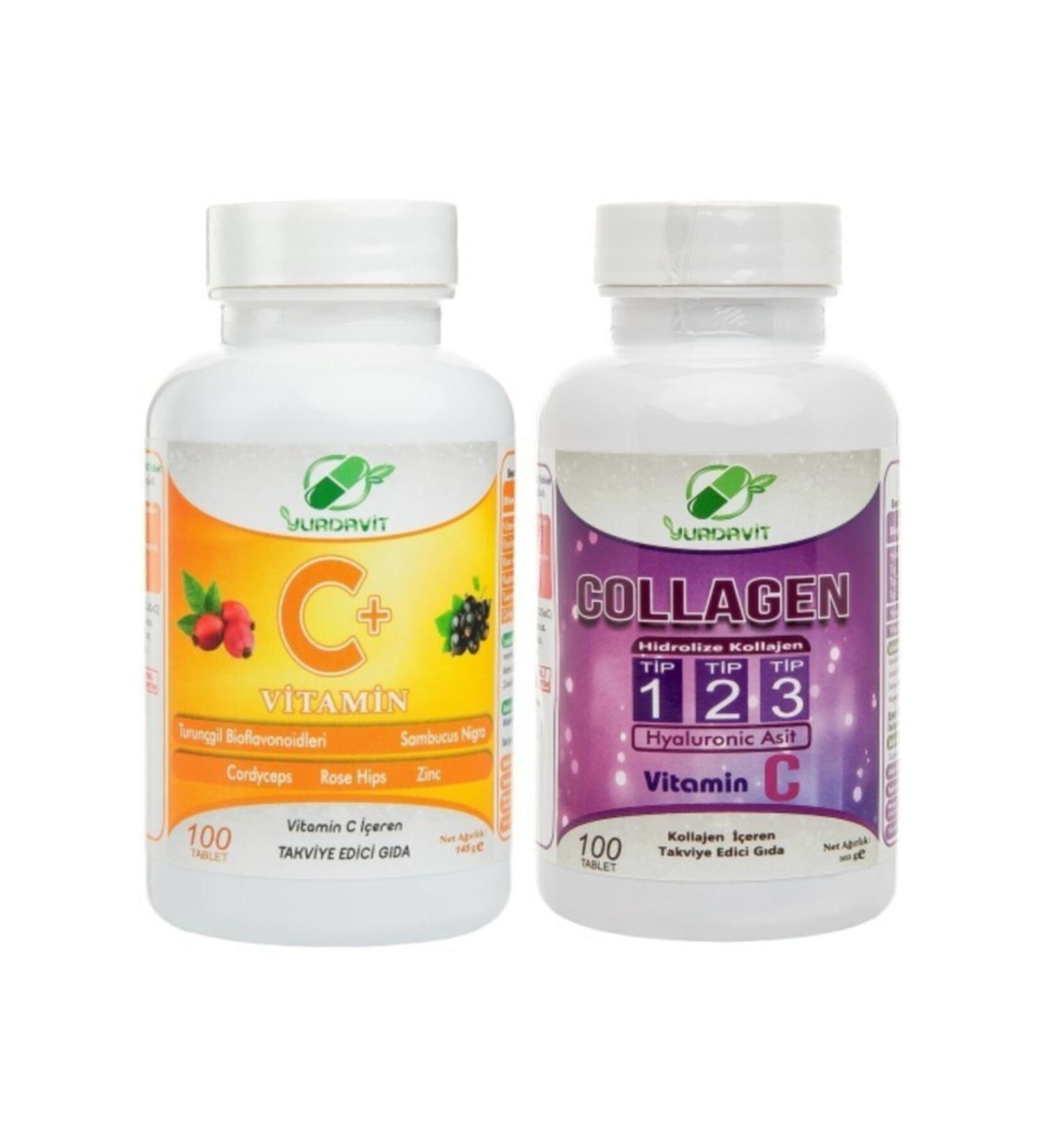 Yurdavit Set 100 Tablets Vitamin C 1000 Mg Hydrolyzed Collagen 900 Mg Type Type 1-2-3 Hyaluronic Acid