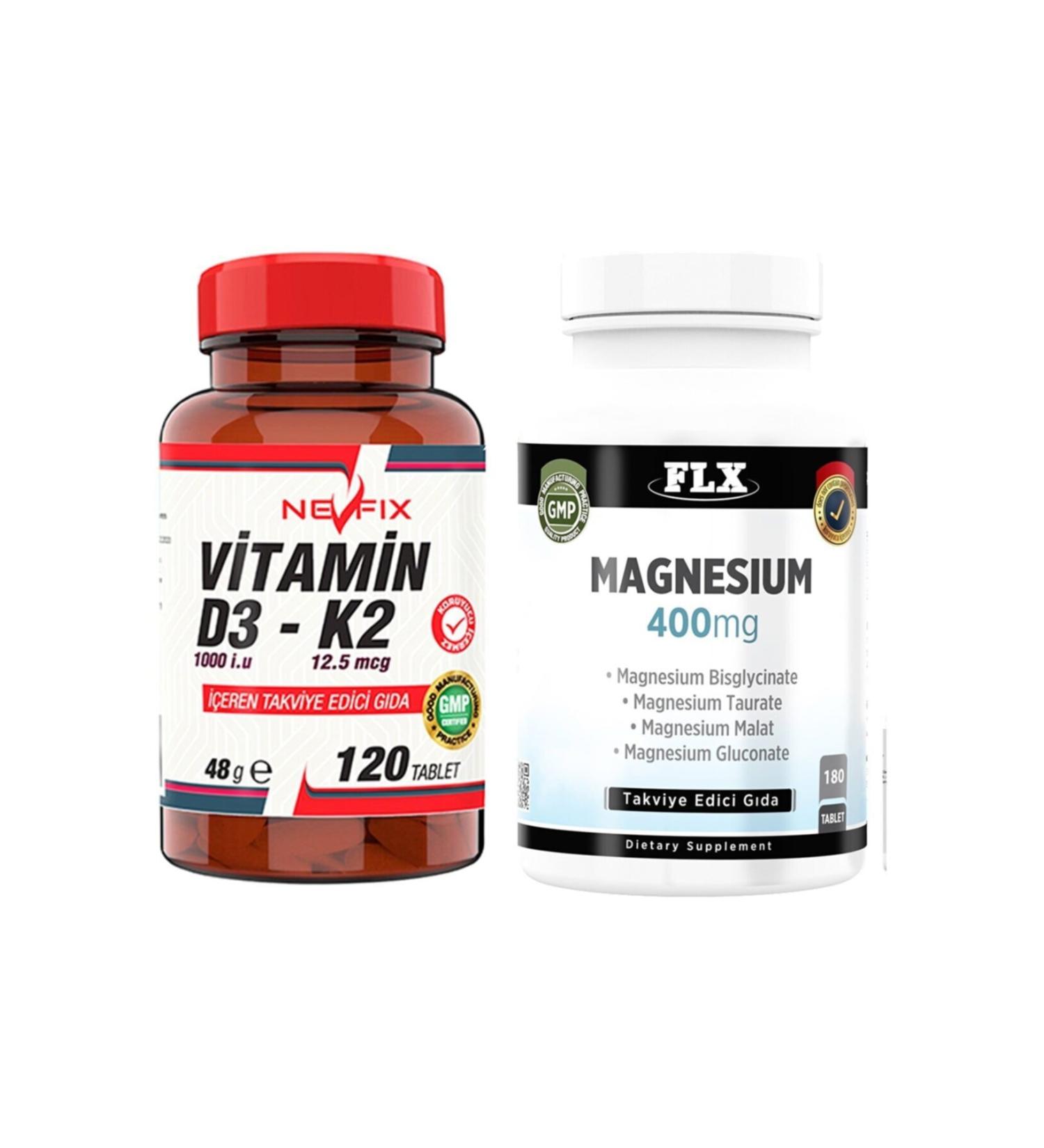 FLX Magnesium Malate 180 Tablets & Nevfix Vitamin D3-k2 120 Tablets - Buy Online on GoSupps.com