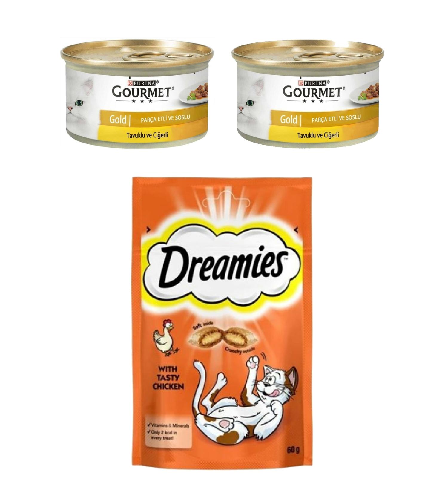Gourmet Purina Gold Chicken and Liver Cat Canned Food 2 X 85 Gr + dreamies Chicken Cat Reward 60 Gr