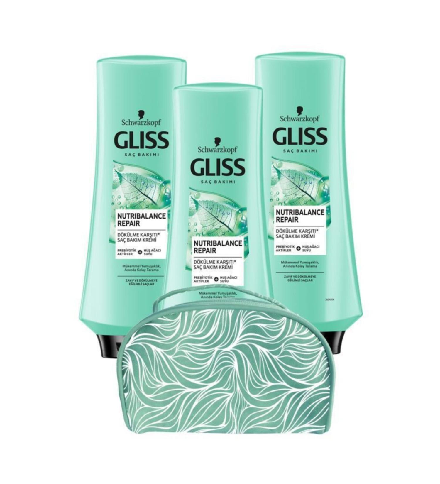 Gliss Nutribalance Hair Conditioner 360 Ml X3 Pieces + Makeup Bag