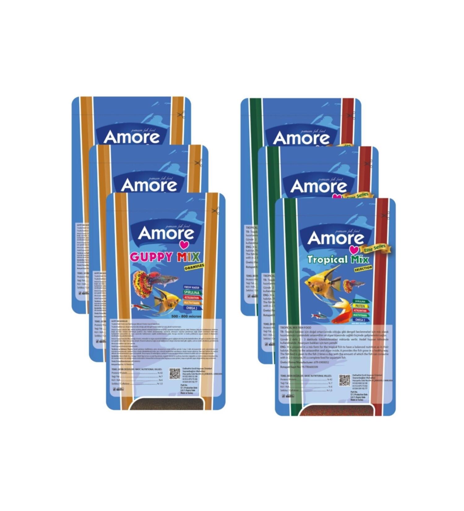 AMORE Guppy Mix Granules 3x45 Gr Bag + Tropical Mix Selection 3x45 Gr Aquarium Fish Food