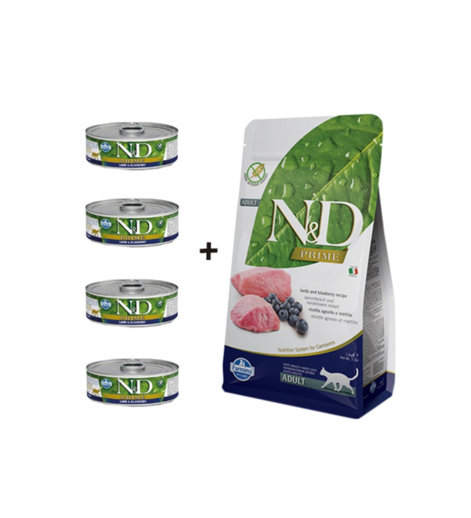 N & D Prime Lamb Adult Cat Food 5 kg + 4 Prime Canned 80 gr
