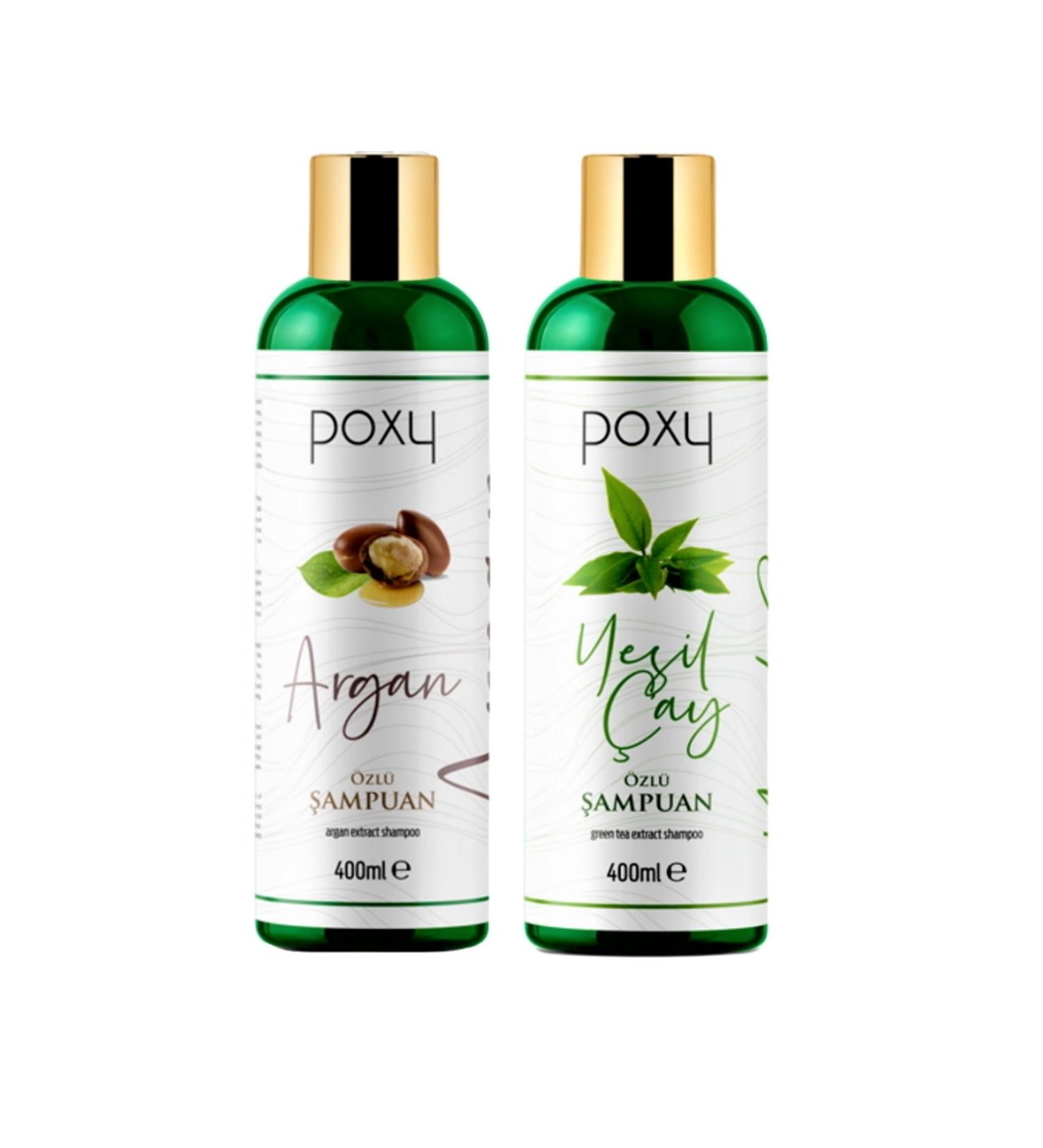 Poxy All Hair Argan Essence Shampoo 400 ml and Green Tea Essence Shampoo for Fine Hair