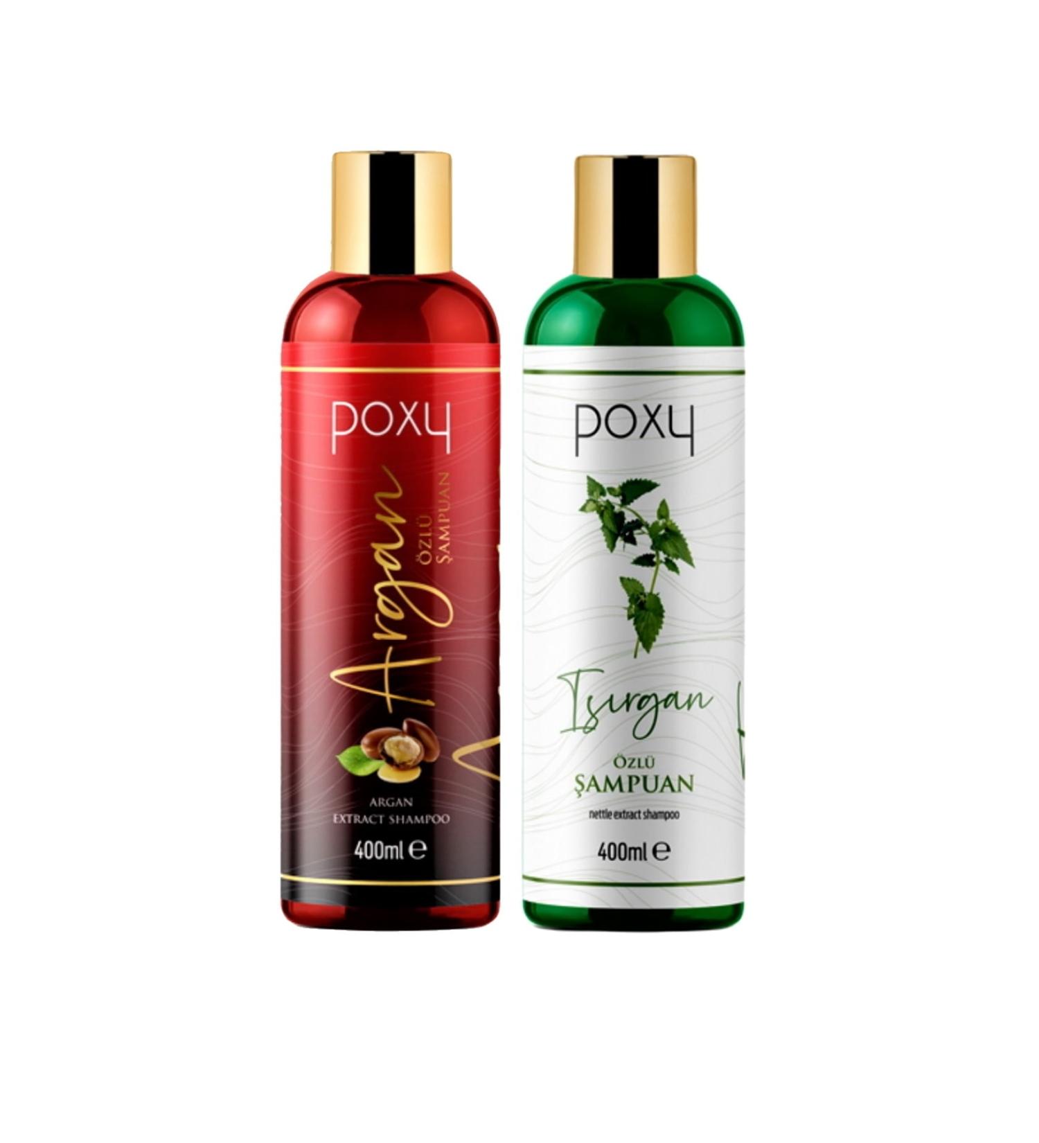 Poxy Argan Essence Care Shampoo 400 Ml & Nettle Essence Shampoo 400 Ml