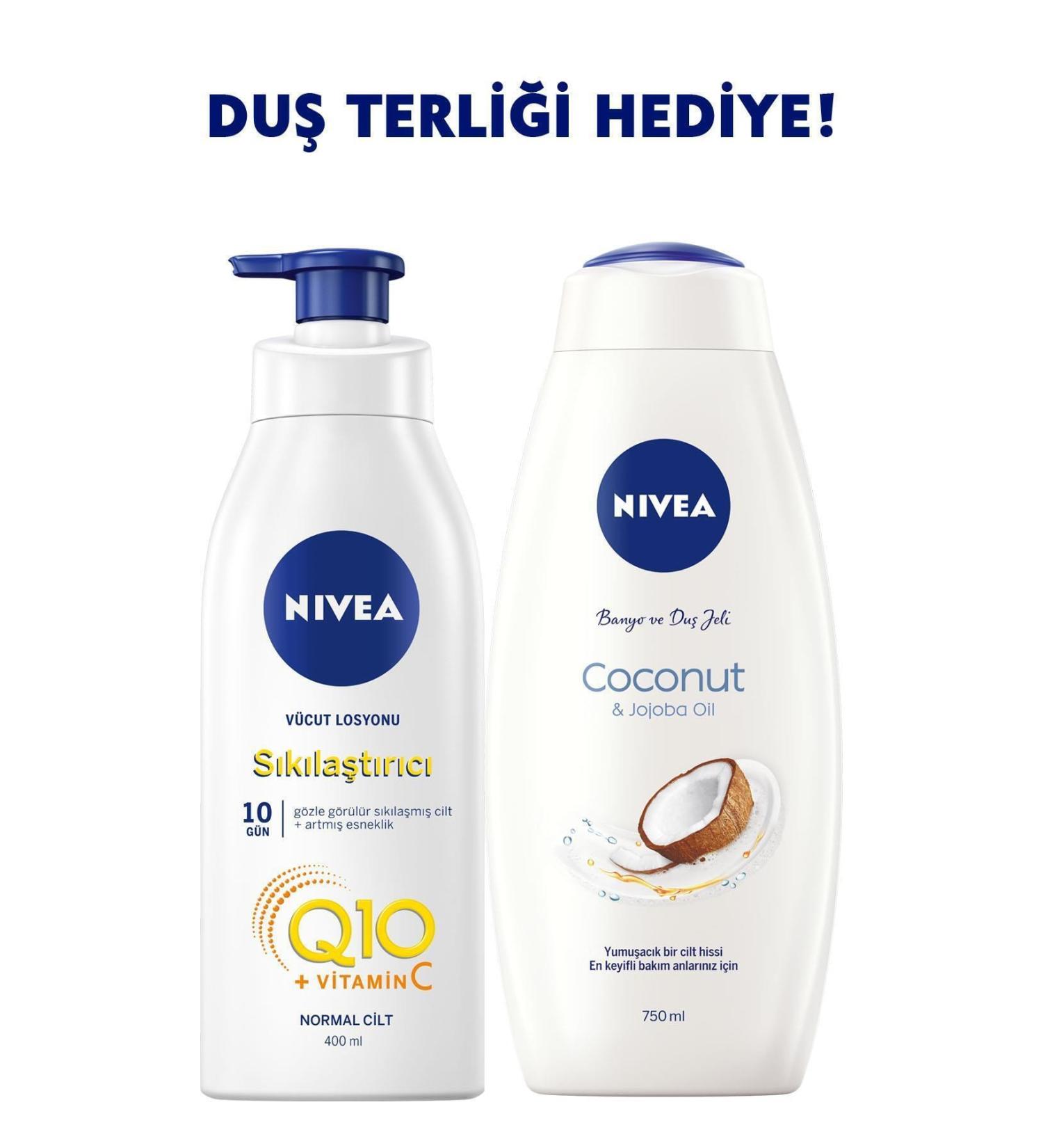 NIVEA Nivea Q10 Firming Body Lotion 400 Ml + Coconut 750 Ml Shower Gel + Shower Slippers