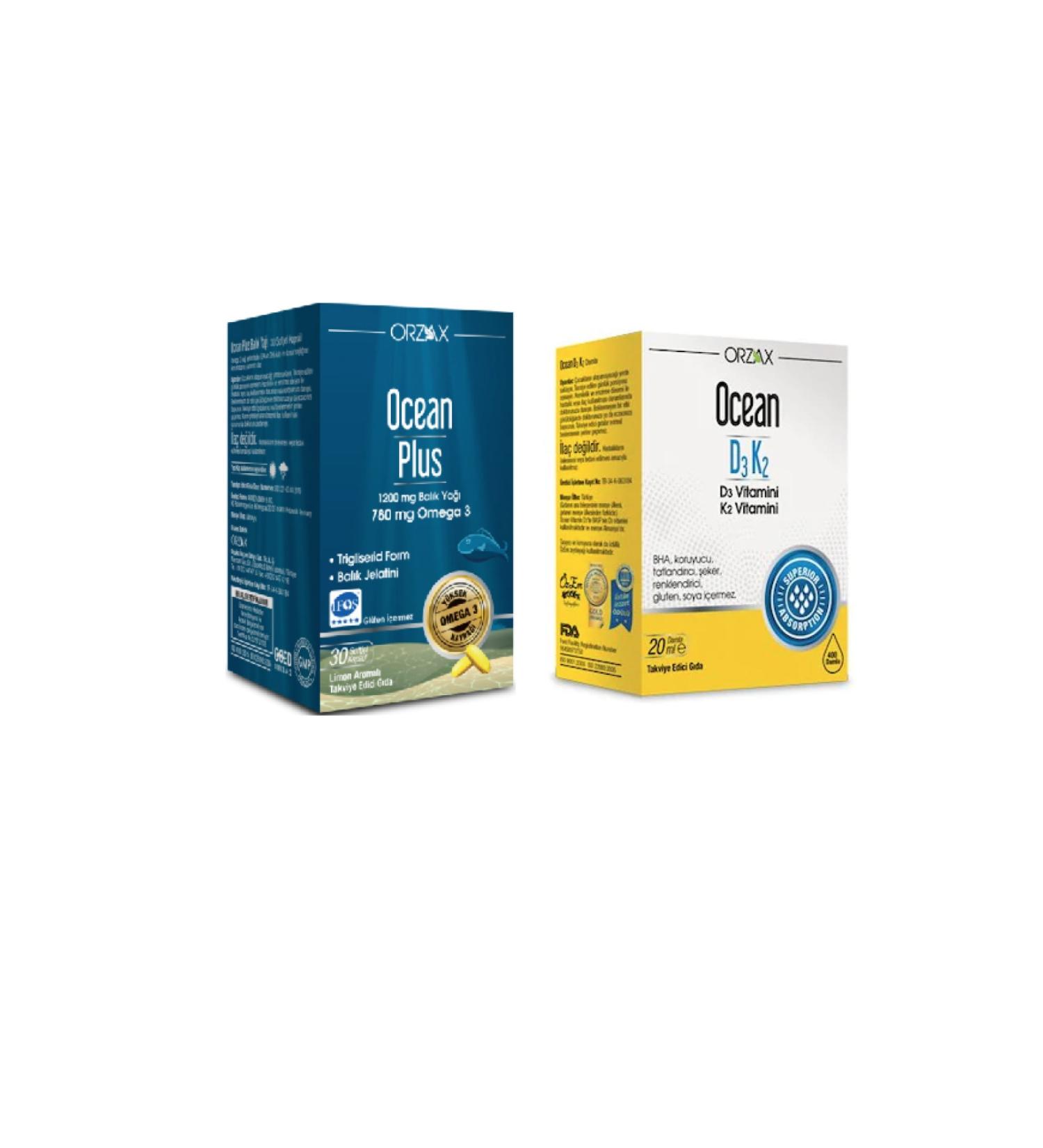 Orzax Pure Fish Oil Ocean Plus Omega 3 1200 mg 30 Capsules D3 and K2 Vitamin Drops 20 ml