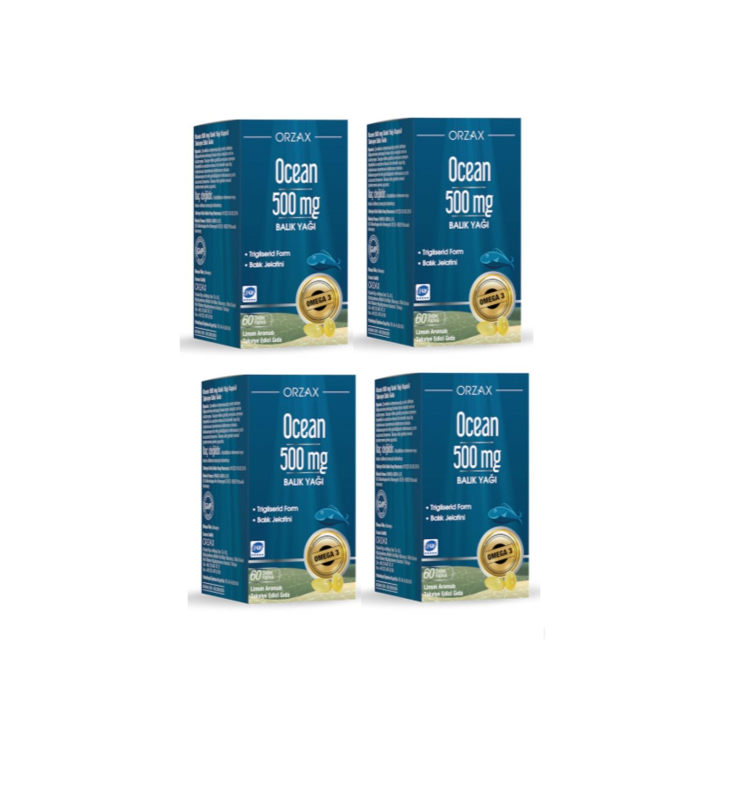 Orzax Pure Fish Oil Omega 3 - 500 Mg 60 Capsules - Lemon Flavor X4 Pieces