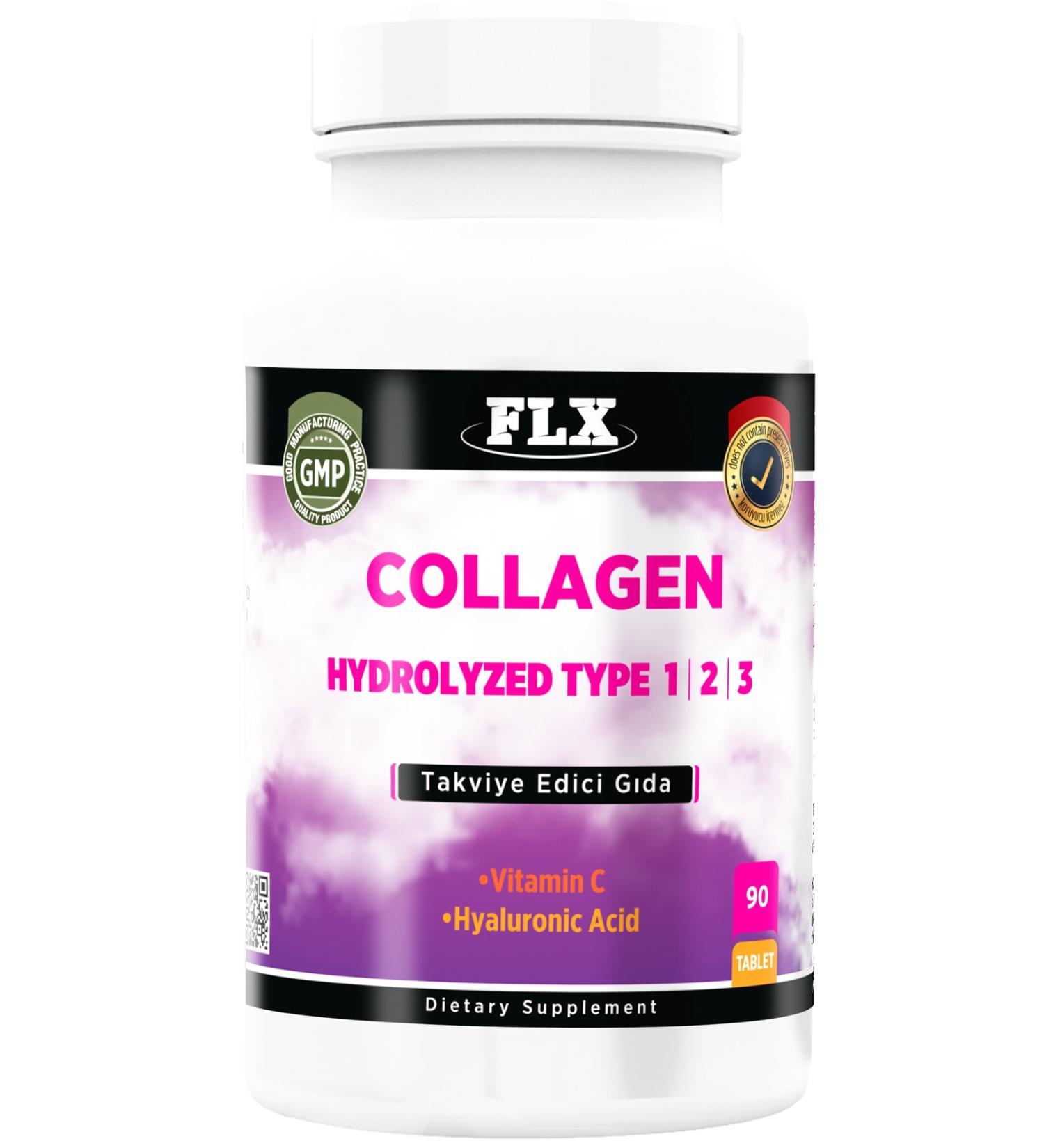 FLX 90 Tablets Collagen Type 1-2-3 Multi Collagen Hyaluronic Acid Vitamin C