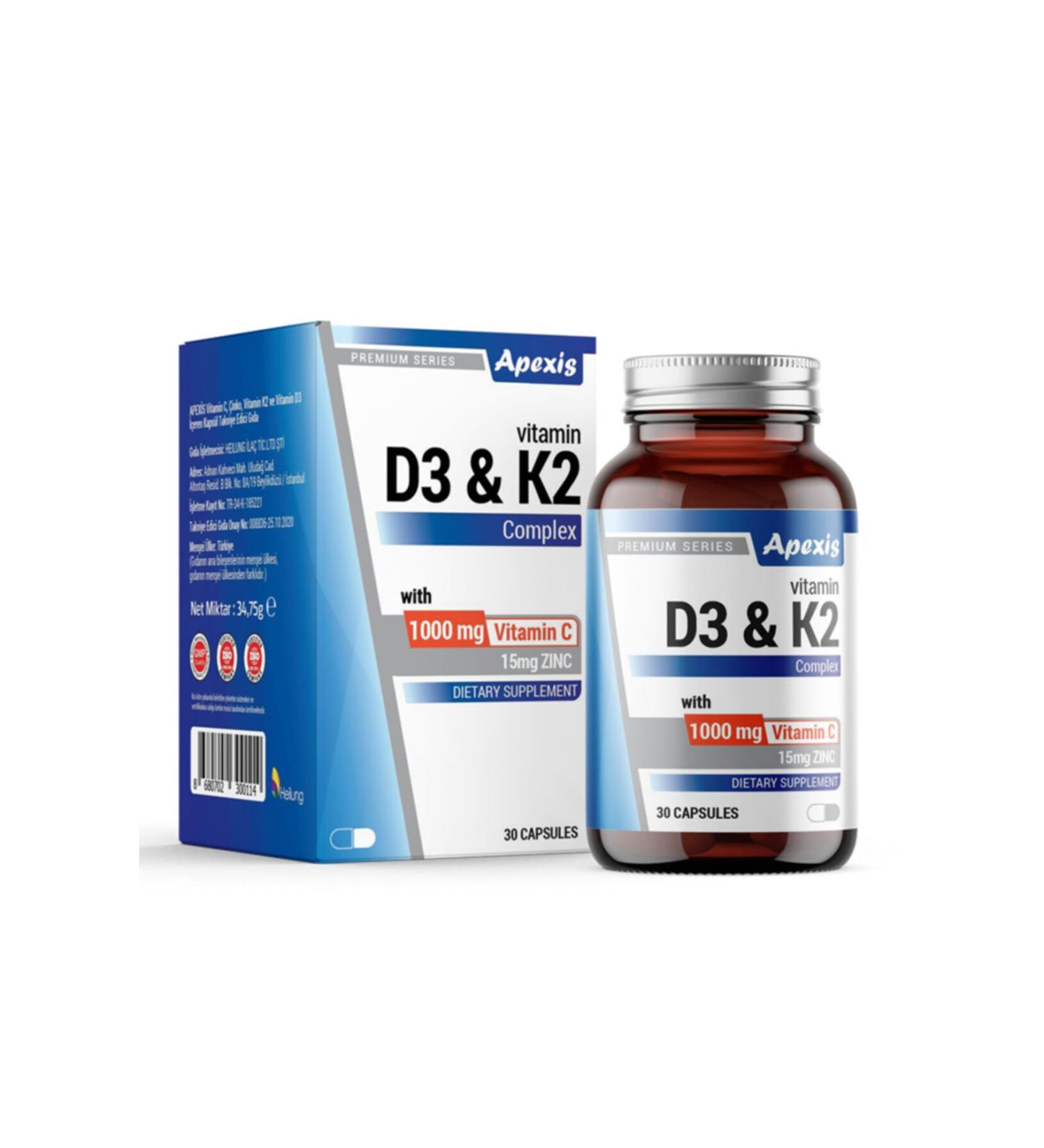 Apexis D3 K2 Vitamin Complex 30 Capsules