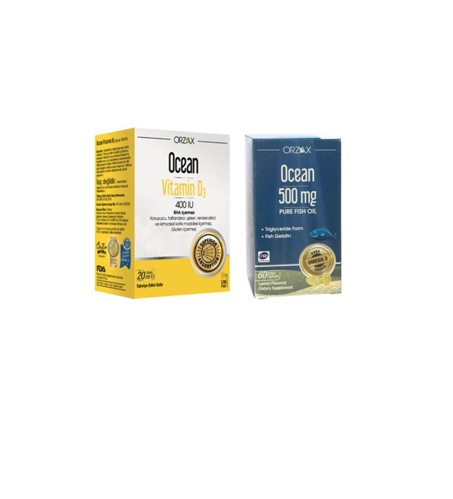 Orzax Supplementary Food Vitamin D3 400 Iu Spray 20 Ml + Pure Fish Oil 500 Mg 60 Capsules