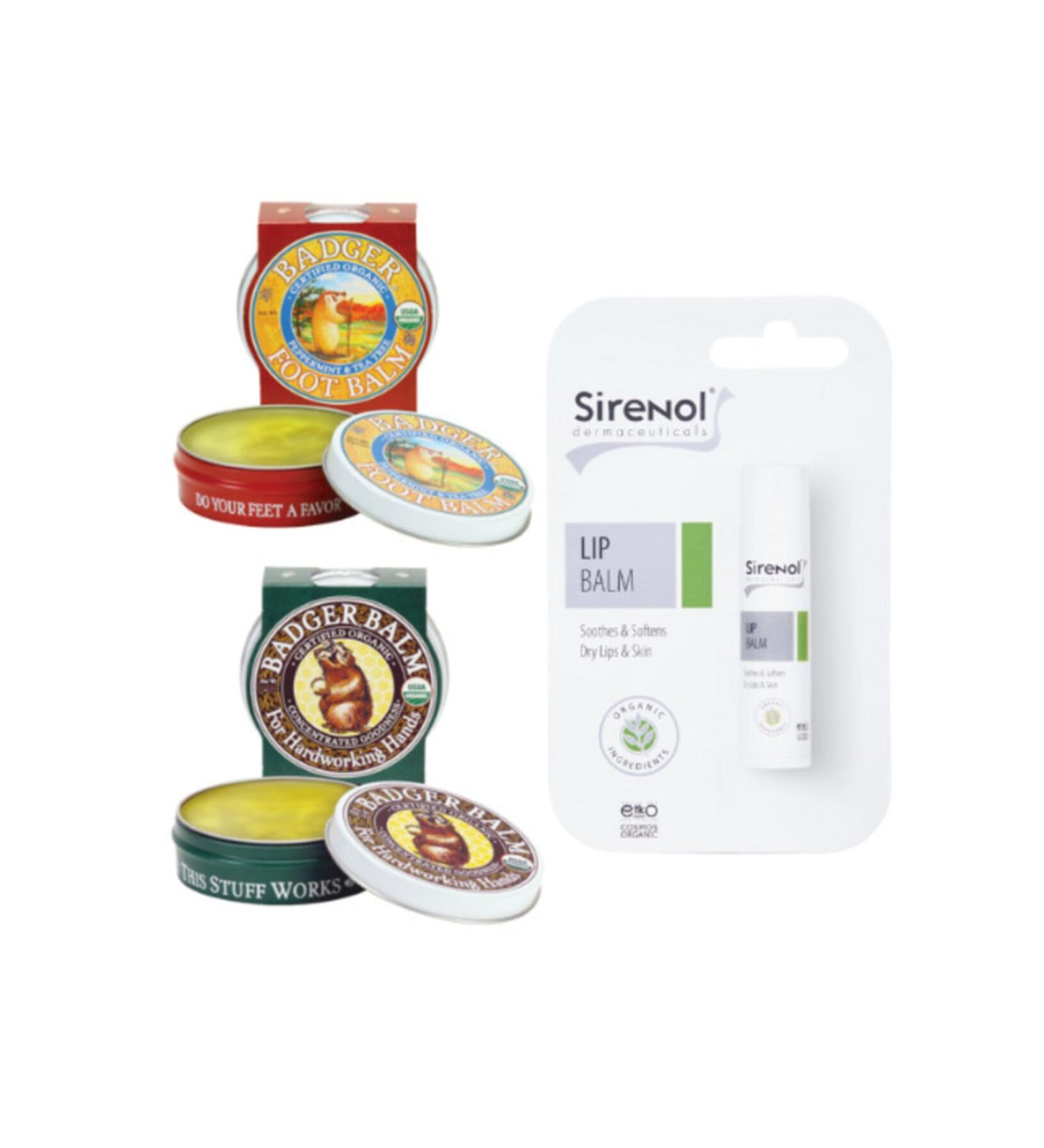 Sirenol Badger Balm Hand Cream Foot Cream and Organic Lip Balm Gift Set