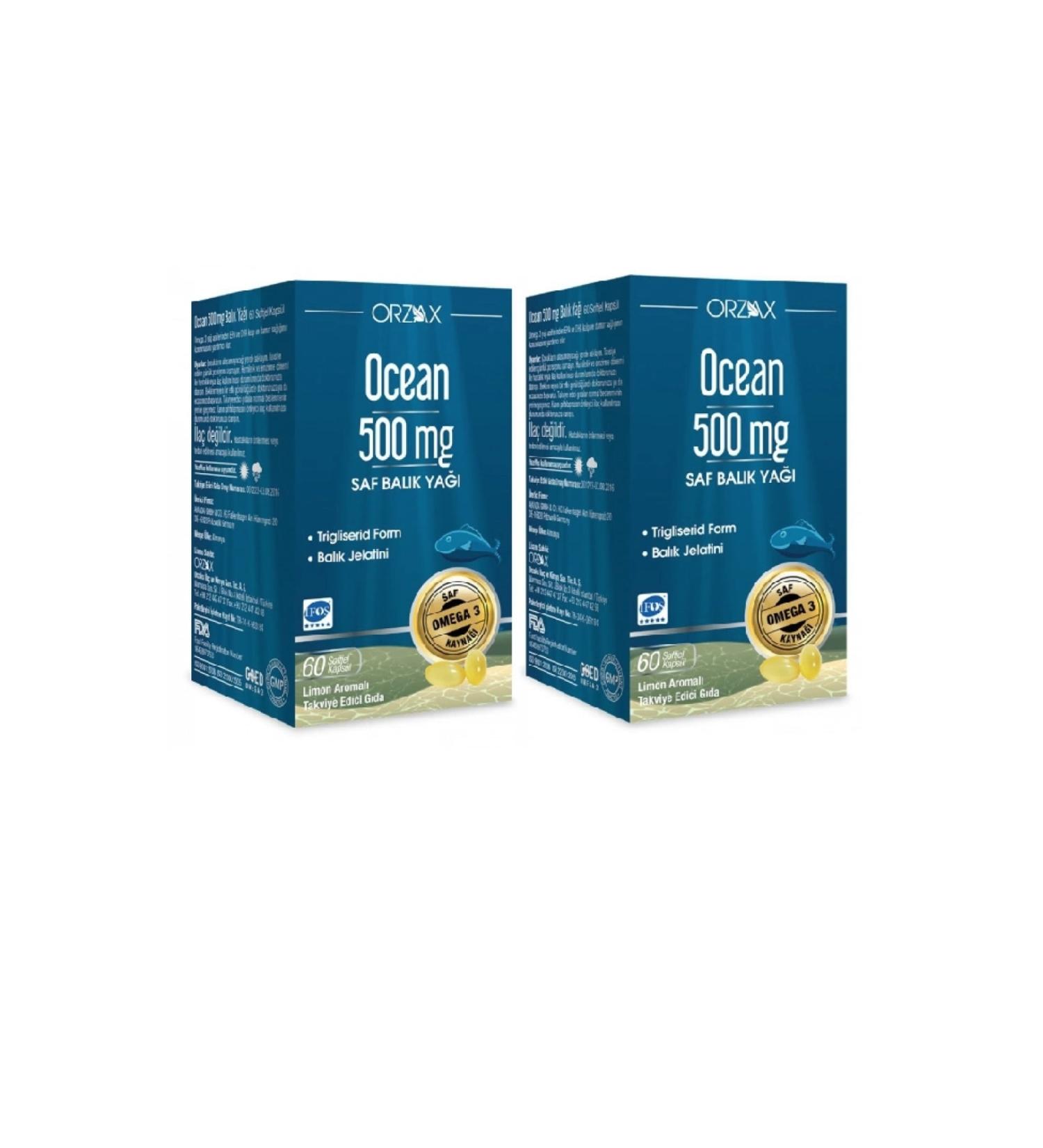 Ocean Pure Fish Oil Lemon Flavored 500mg 60 Capsules X2 Pieces