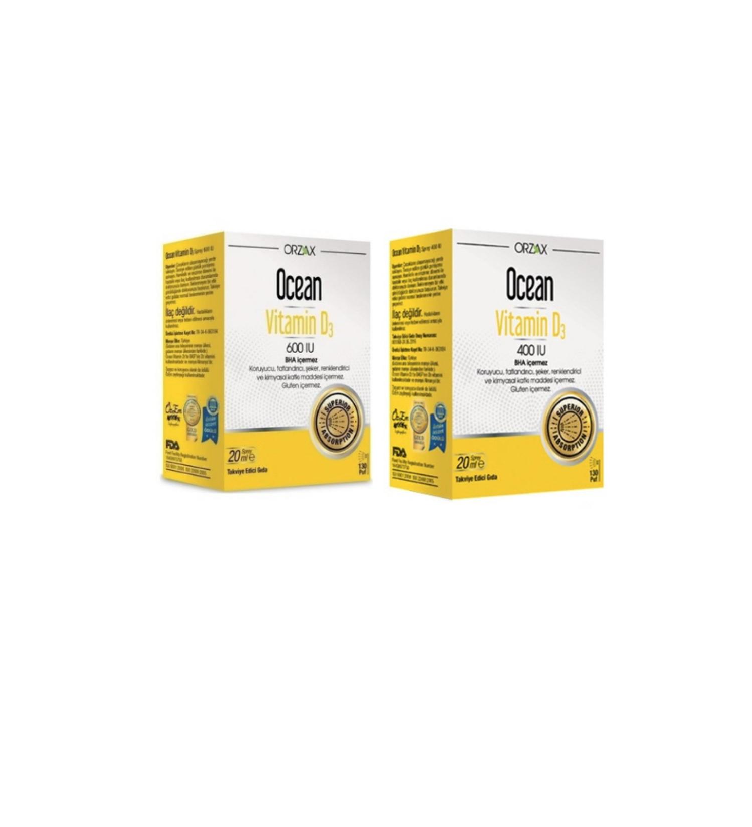 Ocean Vitamin D3 Spray 20 ml + Vitamin D3 600 Iu Spray 20 ml Helps Protect Bones and Teeth