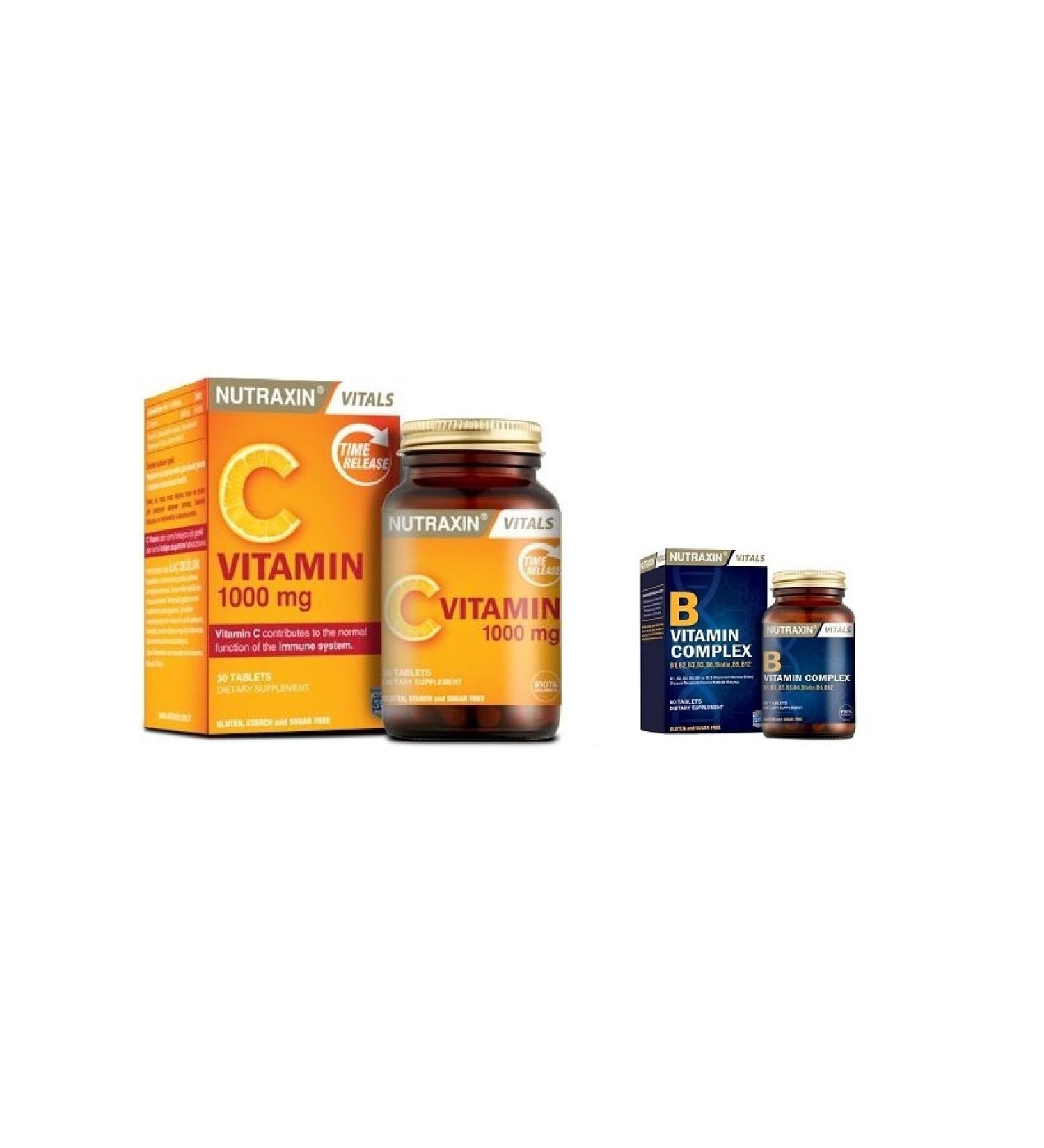 Nutraxin Vitamin B And Vitamin C Containing B1 B2 B3 B5 B6 B12 1000 Mg 30 Tablets