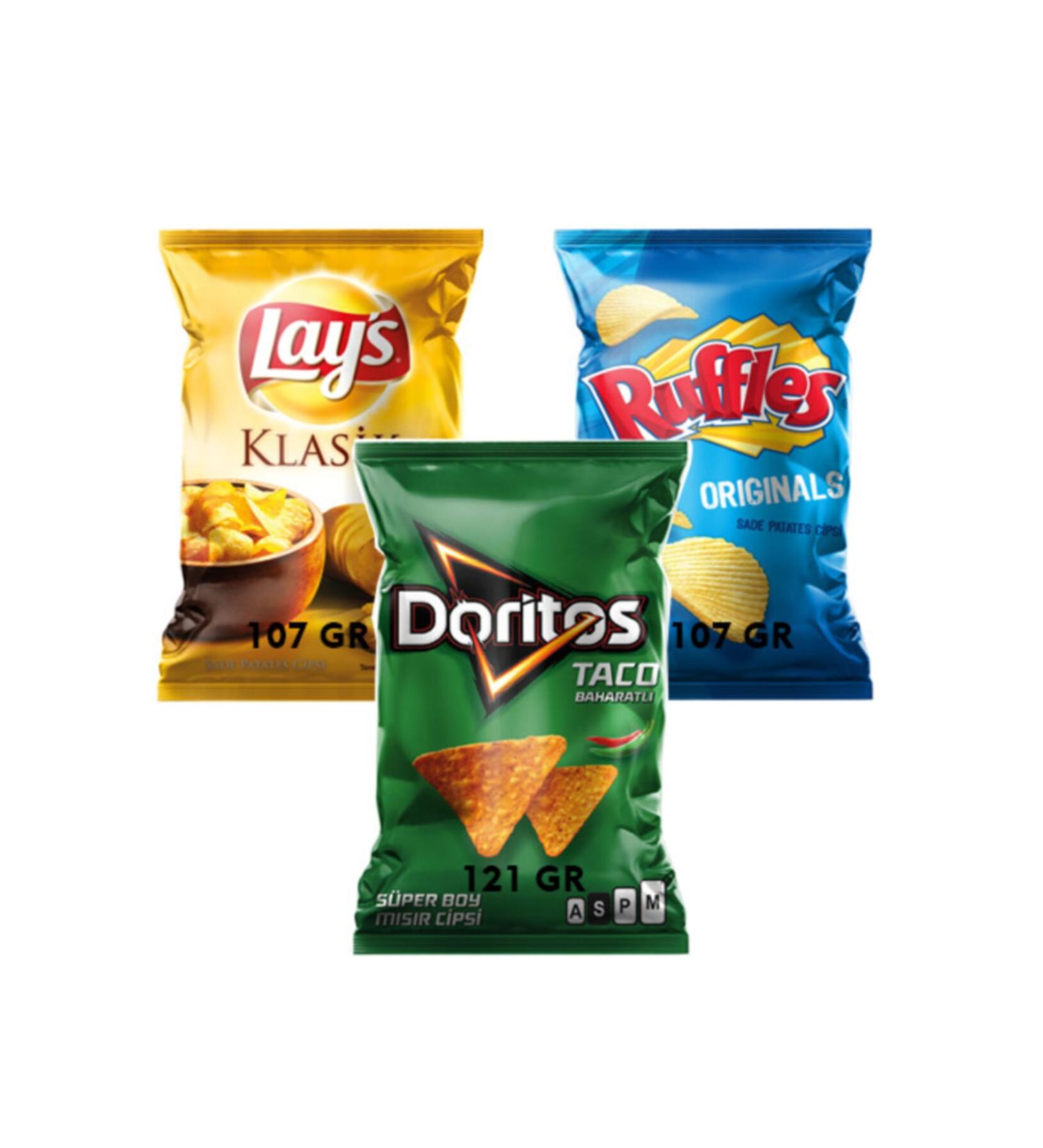Frito Lay Lays 107gr + Ruffles 107gr + Doritos 121gr