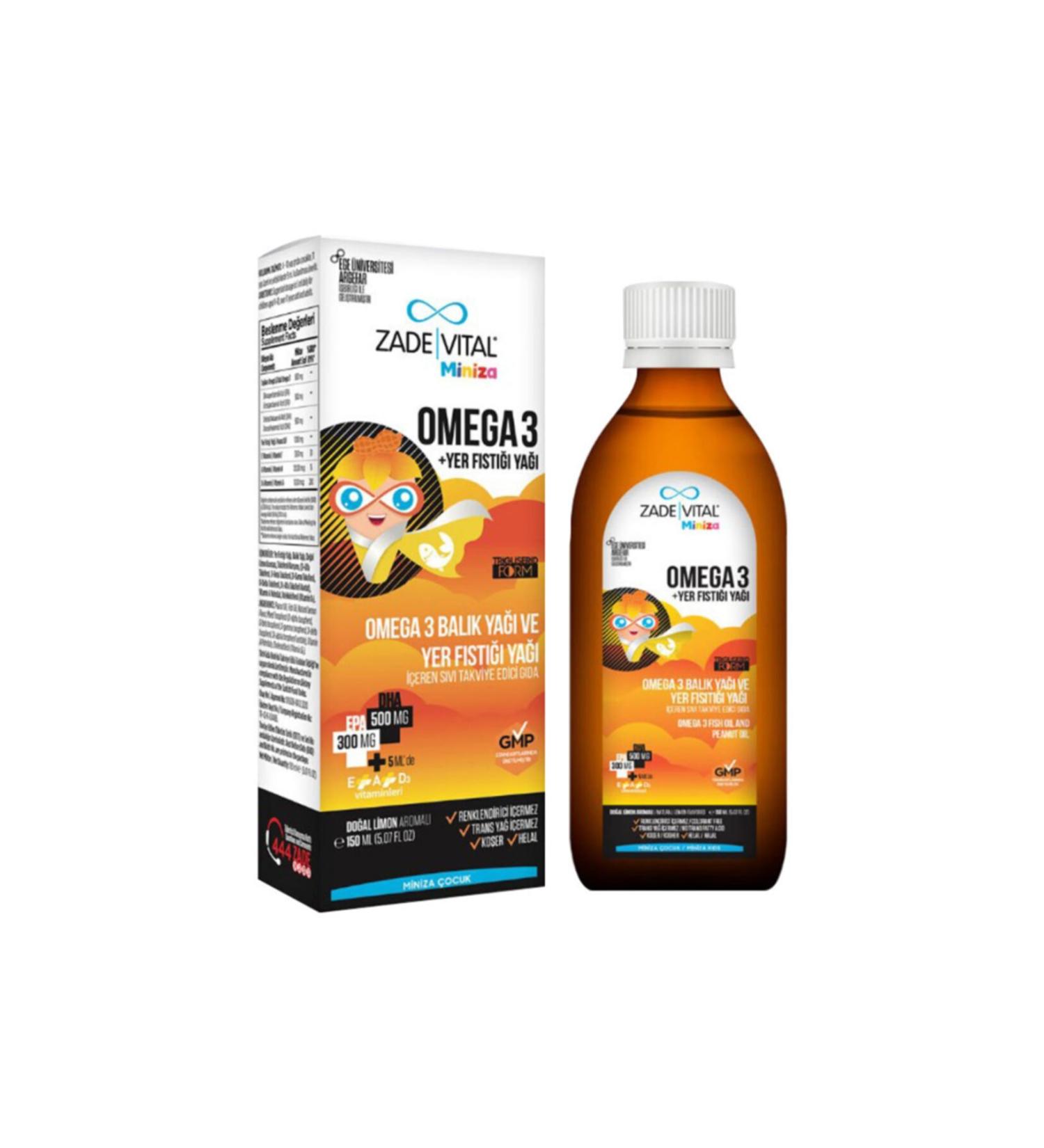 Zade Vital Miniza Omega 3 - Liquid Food Supplement Containing Peanut Oil (Lemon Flavored) 150 Ml