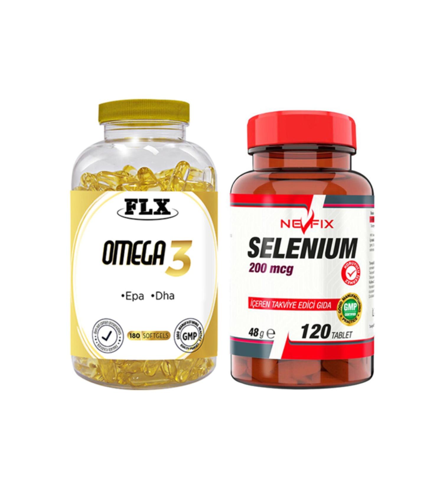 FLX Omega 3 Fish Oil 180 Softgel & Nevfix Selenium 200 Mcg 120 Tablets