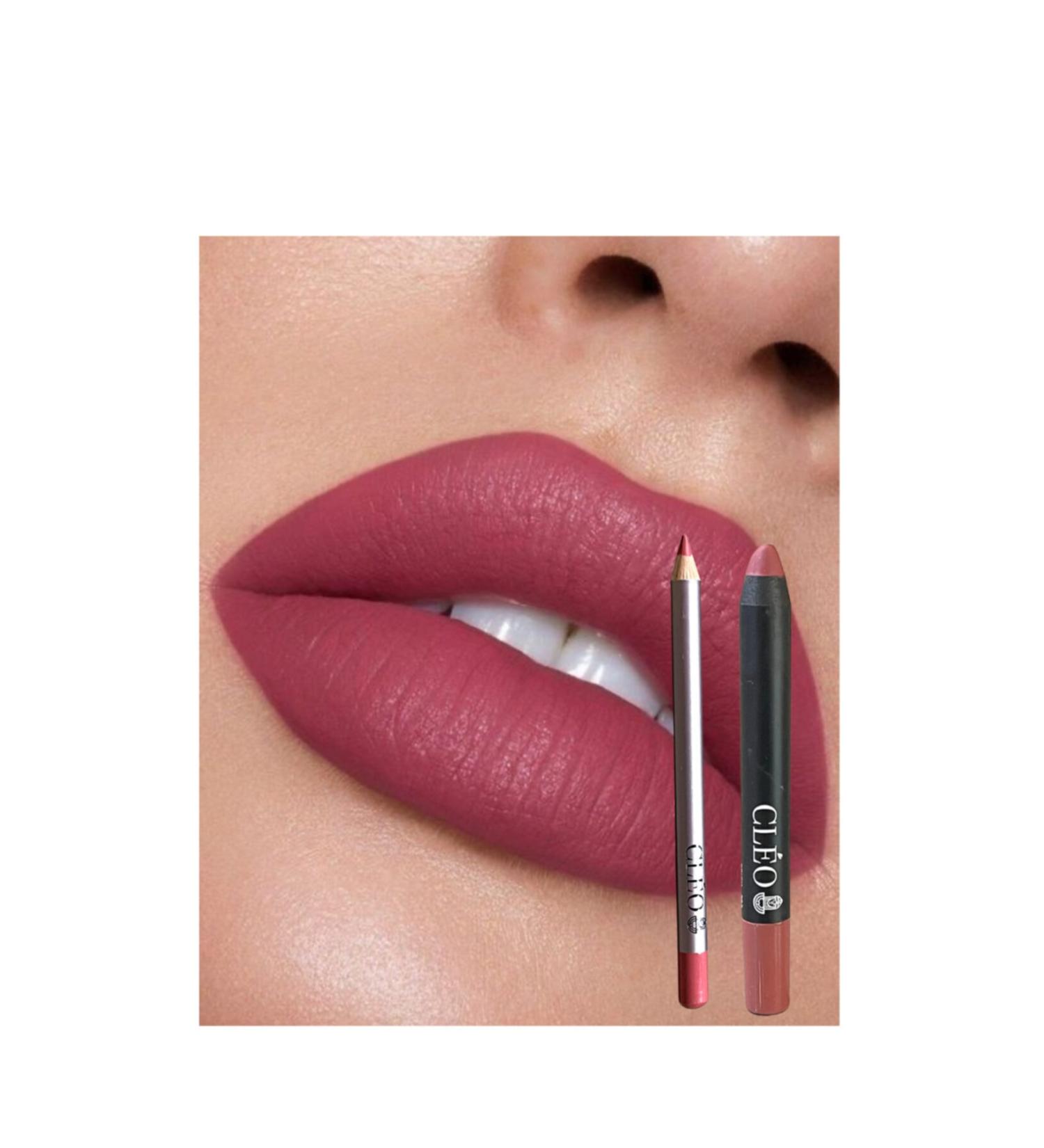 Cleo Cosmetics 2 in 1 Waterproof Lipstick & Lip Liner (Dark Pink)