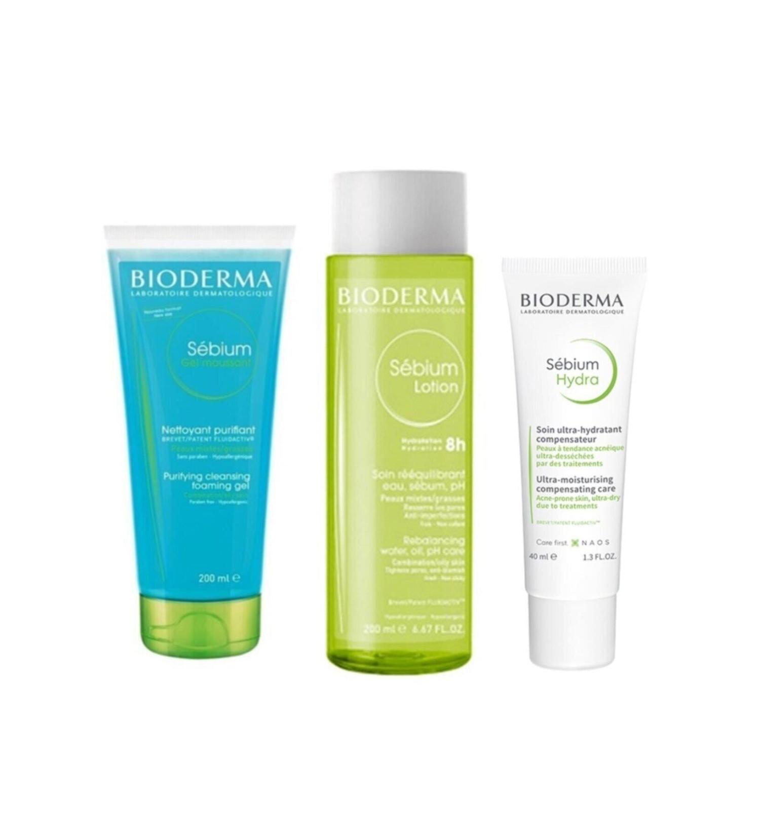 Bioderma Sebium Foaming Gel Tube 200 Ml + Sebium Lotion 200 Ml + Sebium Hydra Cream 40