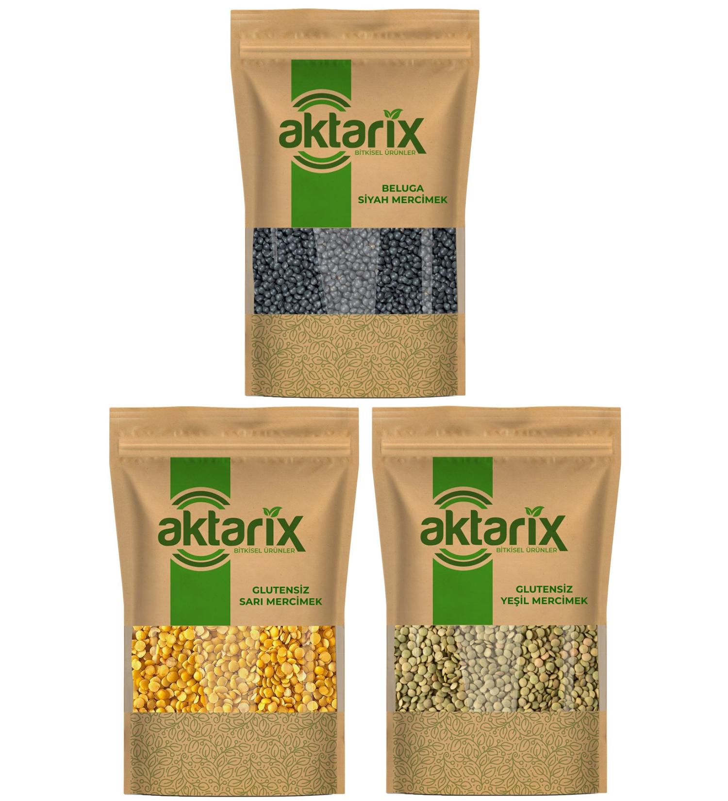 Aktarix 3-Pack Gluten-Free 250 Gr Beluga Lentils + 250 Gr Yellow Lentils + 250 Gr Green Lentils