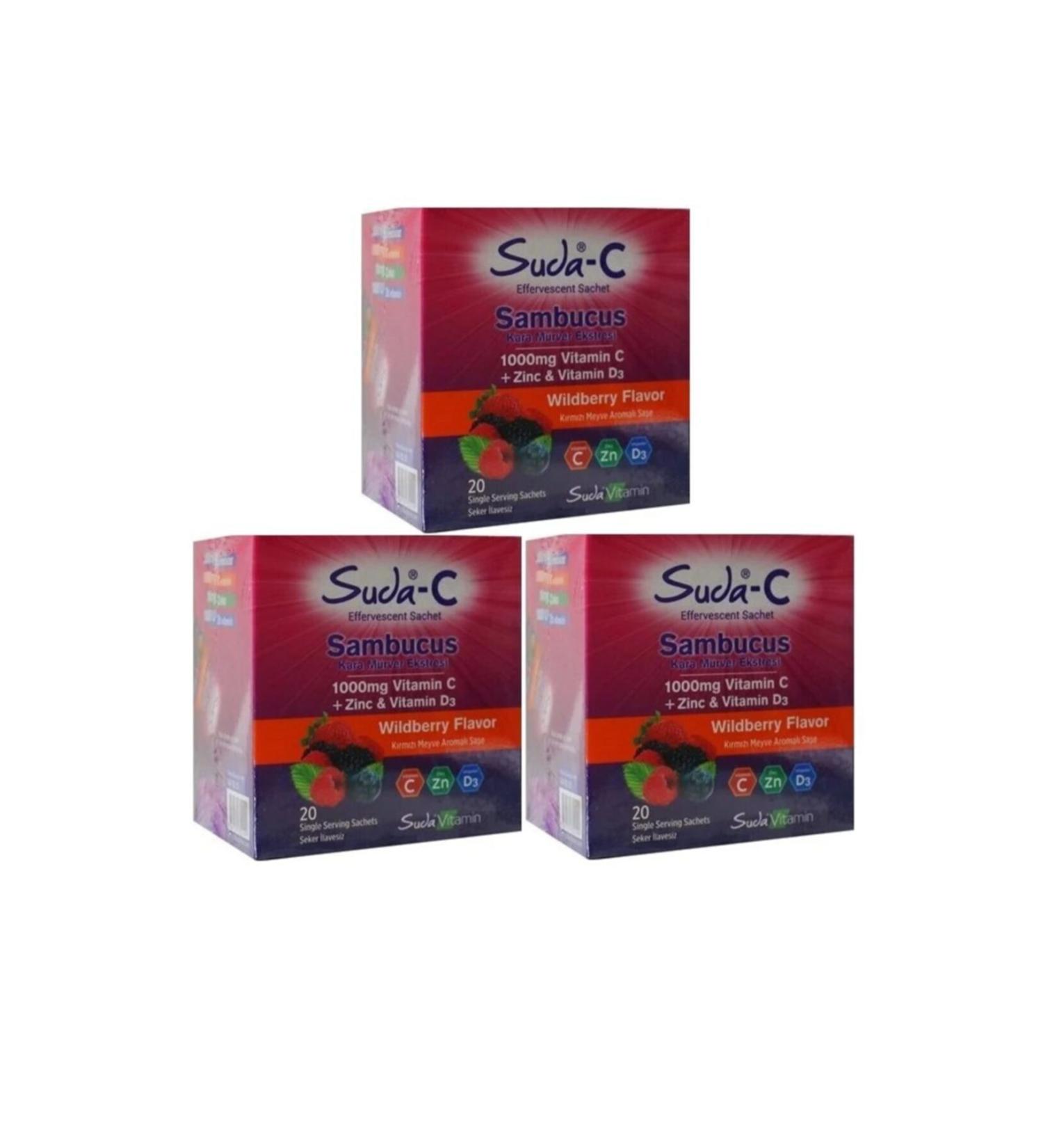 Water Vitamin Water-c Sambucus 1000 Mg Vitamin C Zinc Vitamin D3 Red Fruit 20 Sachets X 3