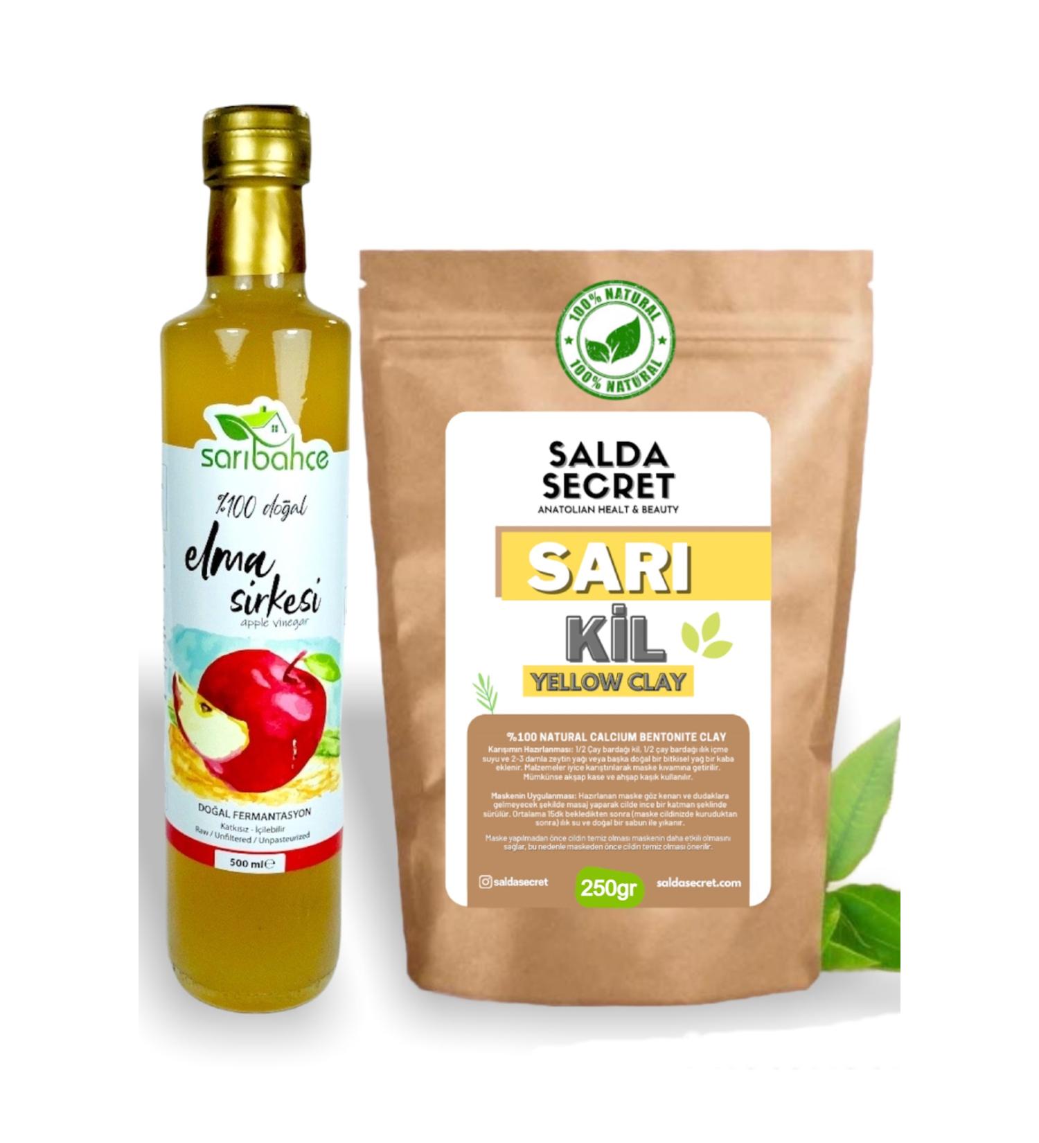 Salda Secret Yellow Clay Natural Face Mask 250 Gr Clay Mask Powder - Natural Fermented Apple Cider Vinegar 500ml