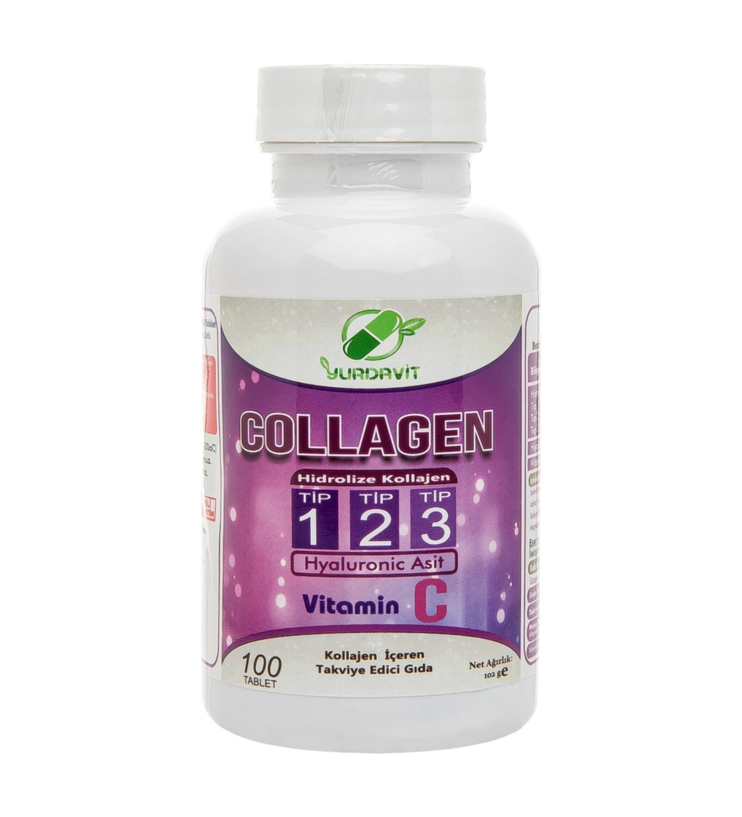 Yurdavit Hydrolyzed Collagen Type 1-2-3 900 Mg Hyaluronic Acid Vitamin C 100 Tablets