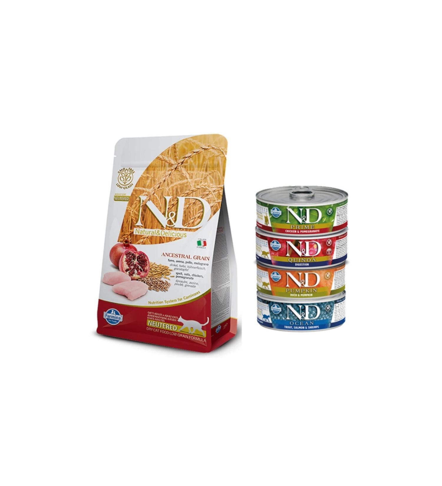 N & D Low Grain Sterilized Chicken & Pomegranate Cat Food 1.5 Kg + 4 Mixed Canned Food