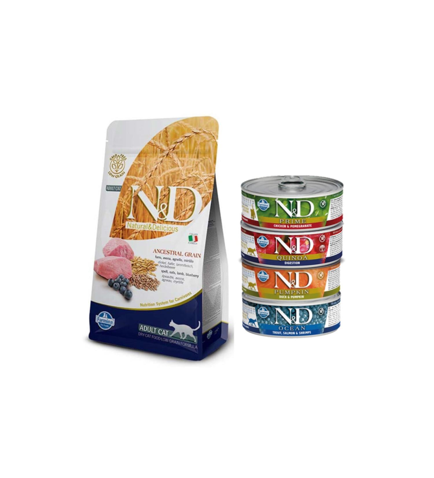 N & D Low Grain Lamb & Blueberry Cat Food 1.5 Kg + 4 Mixed Canned Food (original)