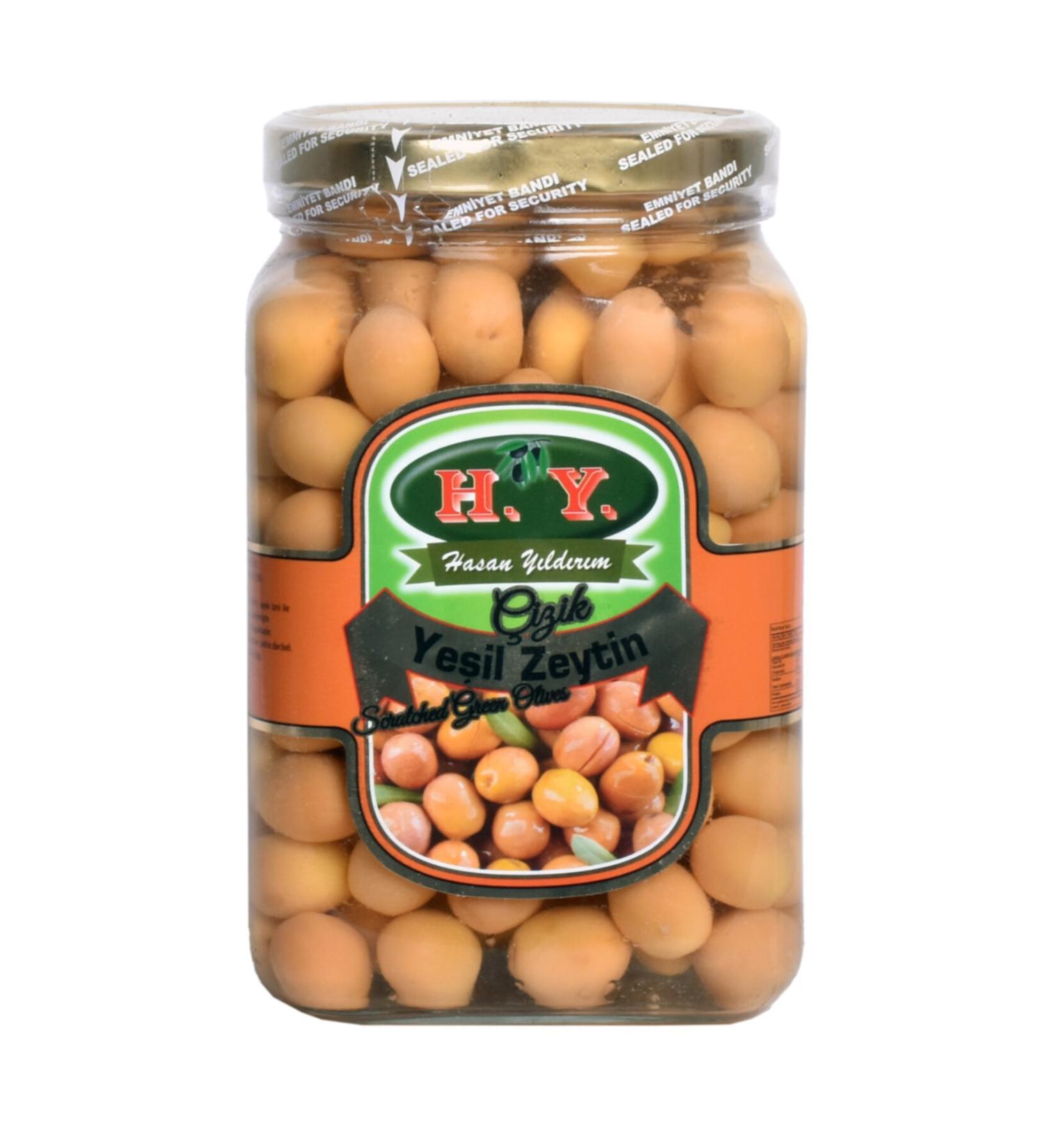 HY Scratched Green Olives(291-350)(900gr)(Glass Jar)