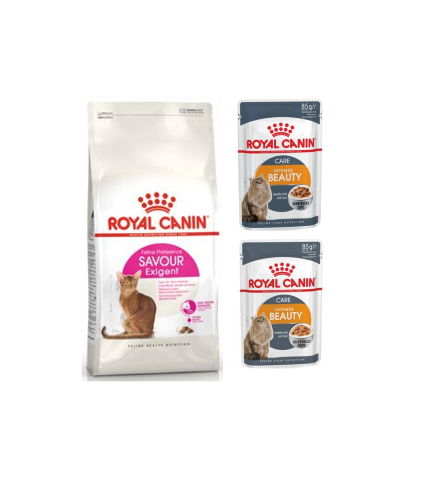 Royal Canin Savour Exigent Selective Cat Dry Food 2 Kg + 2 Pieces Intense Beauty Wet Food 85 Gr