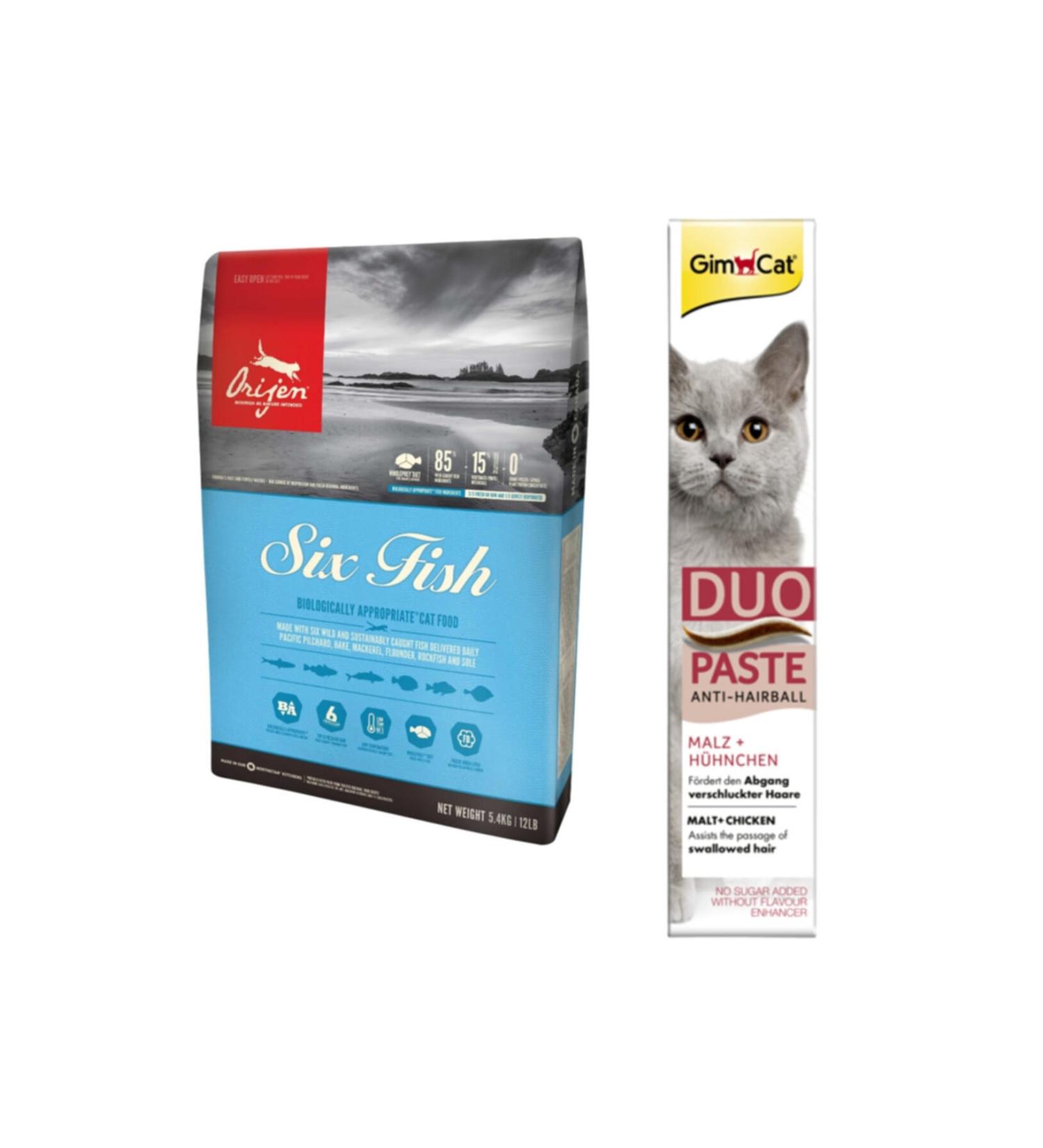 Orijen SIX FISH Adult and Kitten Cat Food 1.8 Kg + Gimcat Duo Paste Chicken Anti-hairball Malt 50gr