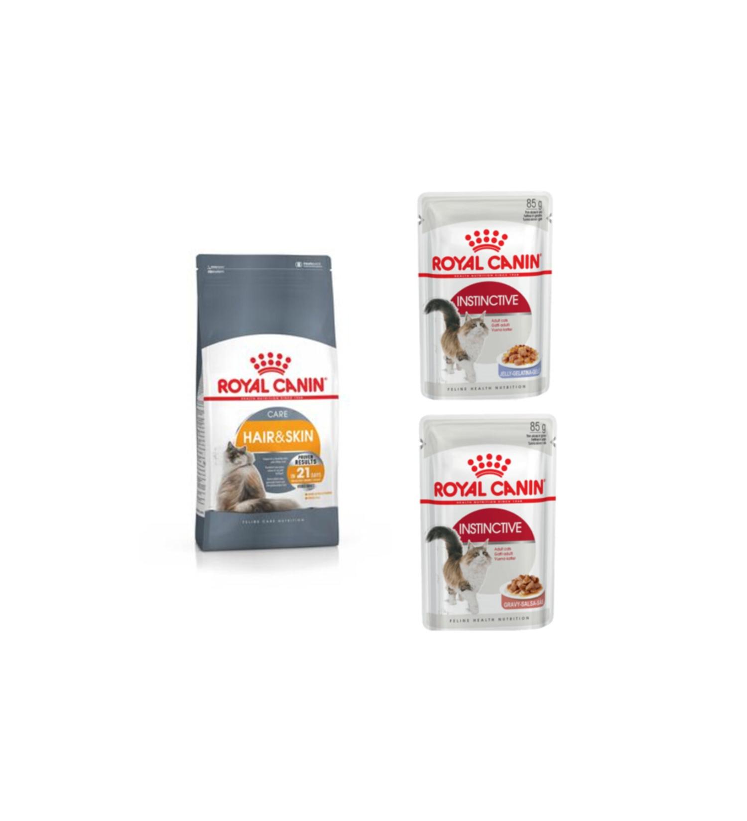 Royal Canin Hair Skin Dry Food for Sensitive Adult Cats 2 kg + 2 Instinctive Wet Food 85 gr