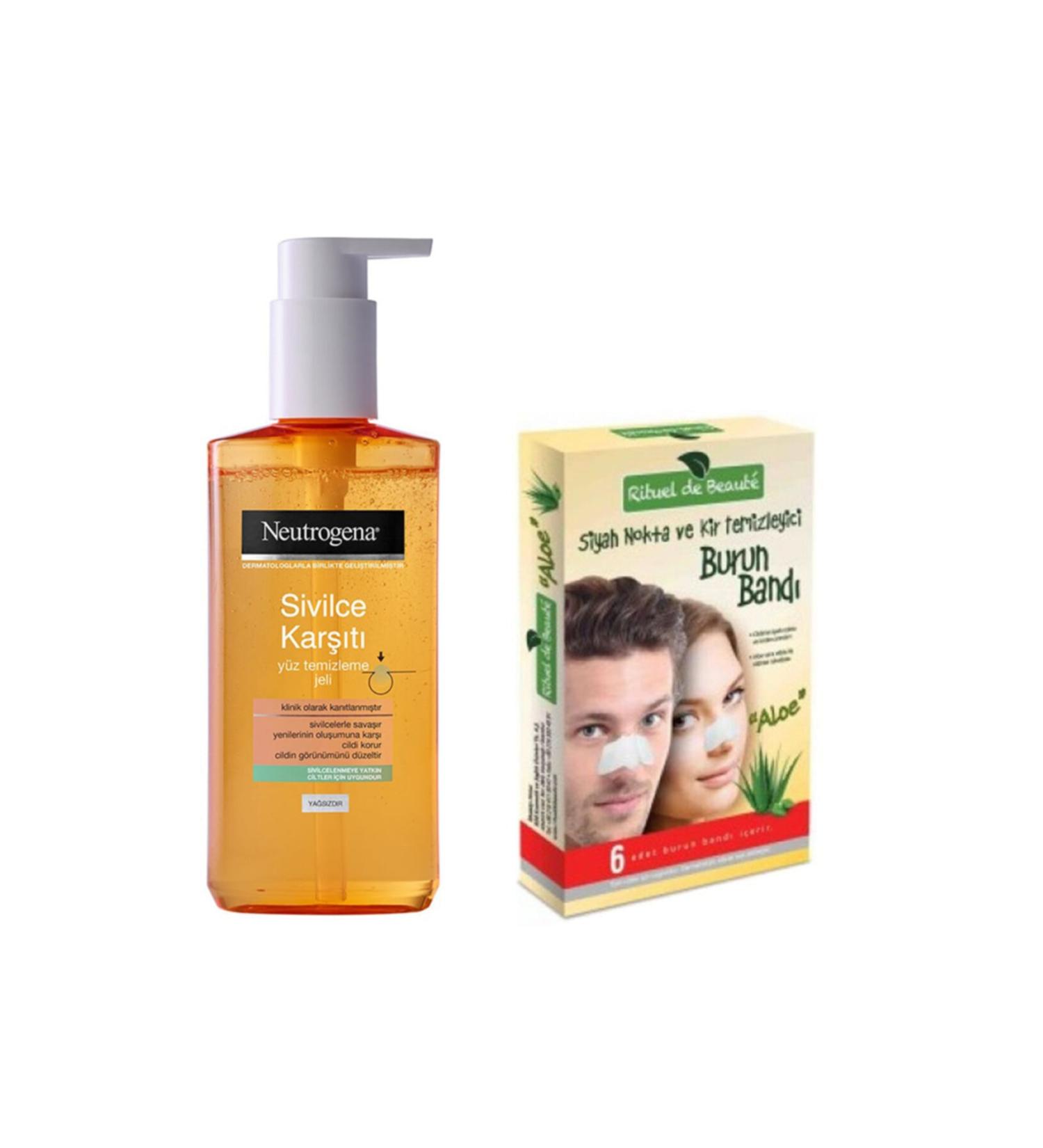 Neutrogena Anti-Acne Face Cleansing Gel 200ml+rituel De Beaute Blackhead and Dirt Cleansing Nose Strip