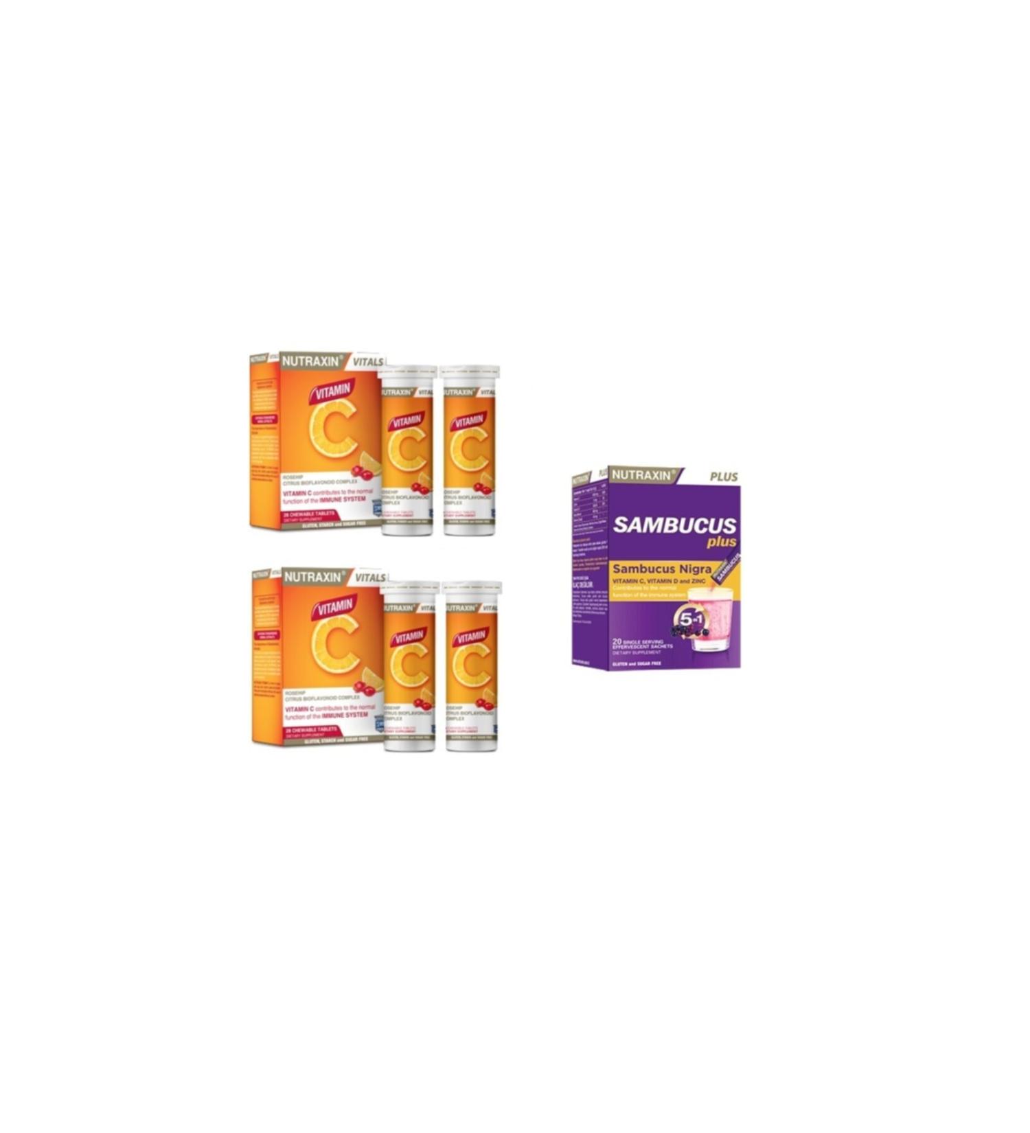 Nutraxin Sambucus Nigra 20 Effervescent + Vitamin C 28 Chewable Tablets X2 Pieces