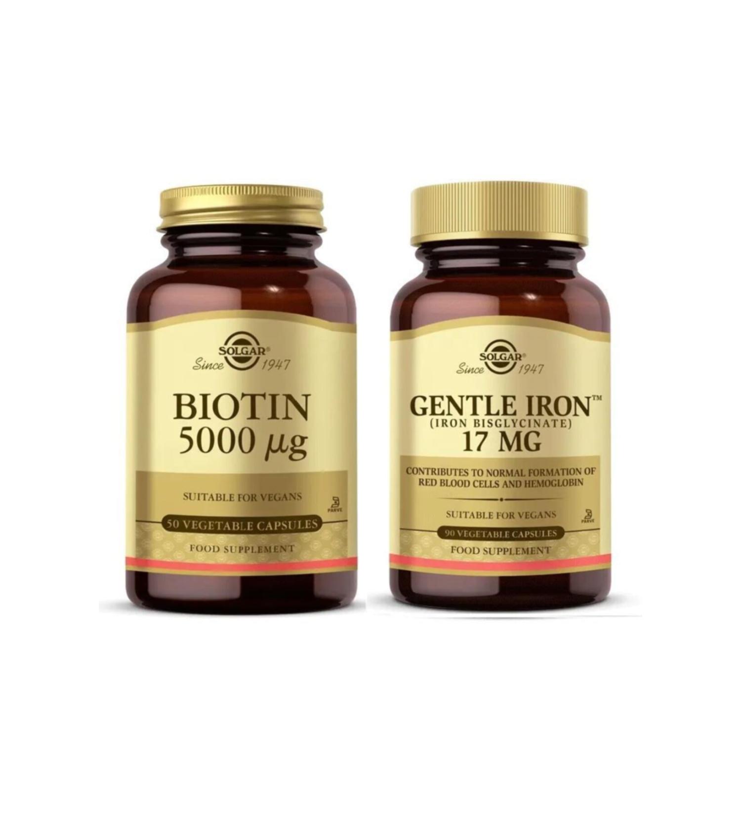 Solgar Biotin 5000 Mcg 50 Capsules + Gentle Iron 17 Mg 90 Capsules - Buy Online on GoSupps.com