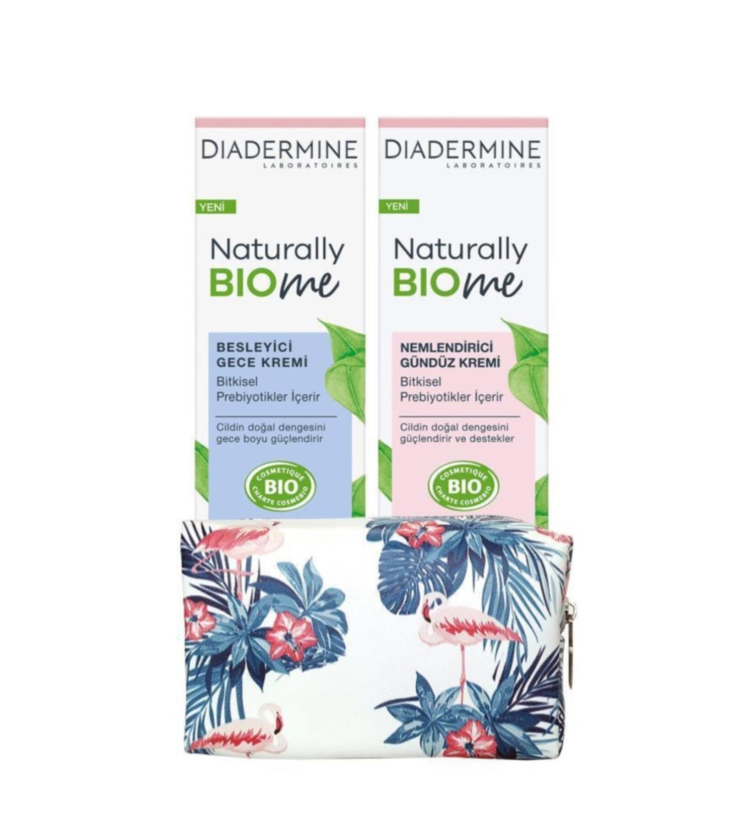 Diadermine Naturally Bio Me Moisturizing Day Cream + Nourishing Night Cream + Floral Makeup Bag