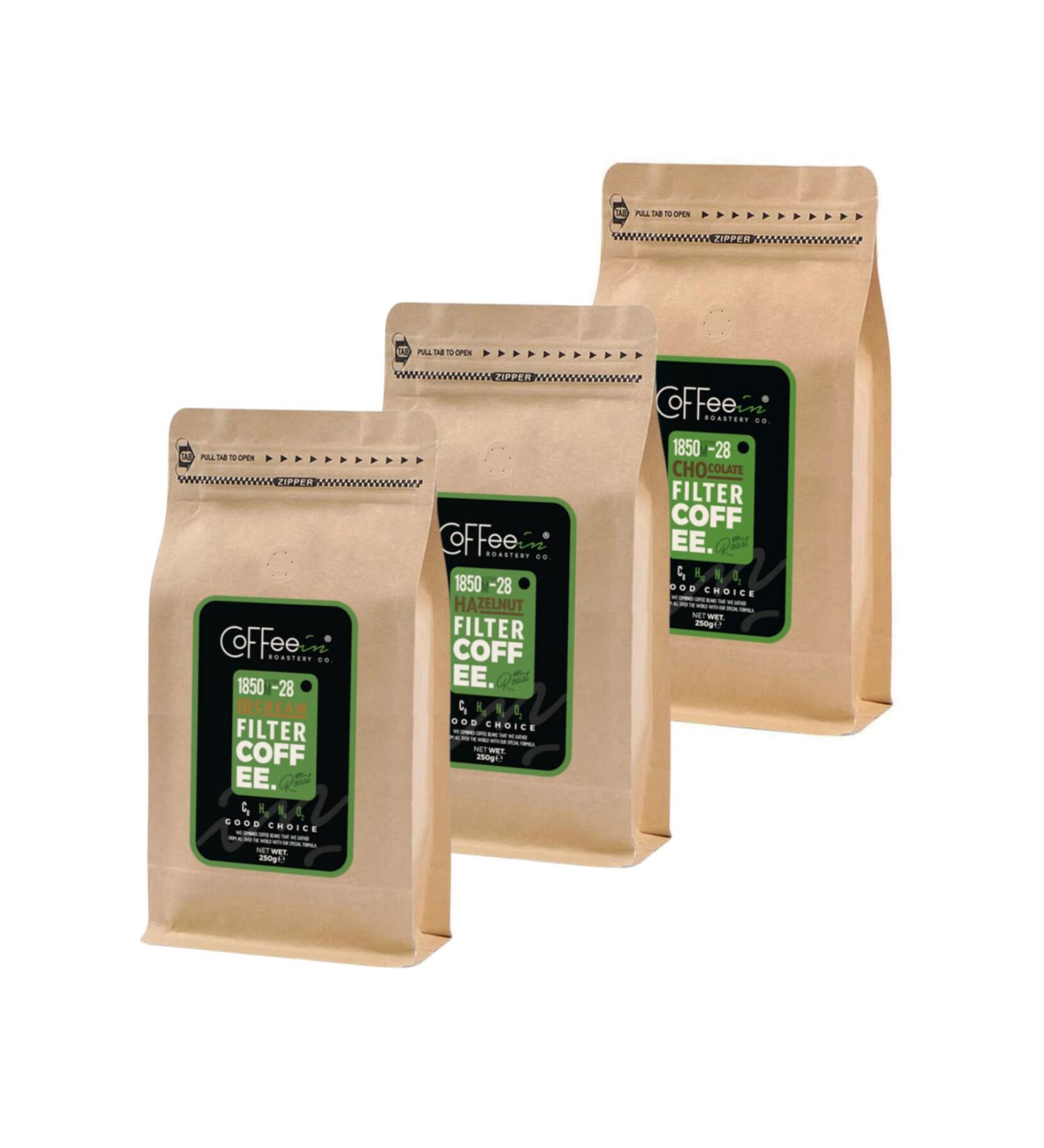 Coffeein Almond Irish Cream and Caramel Flavored Filter Coffee Set 3x250 gr