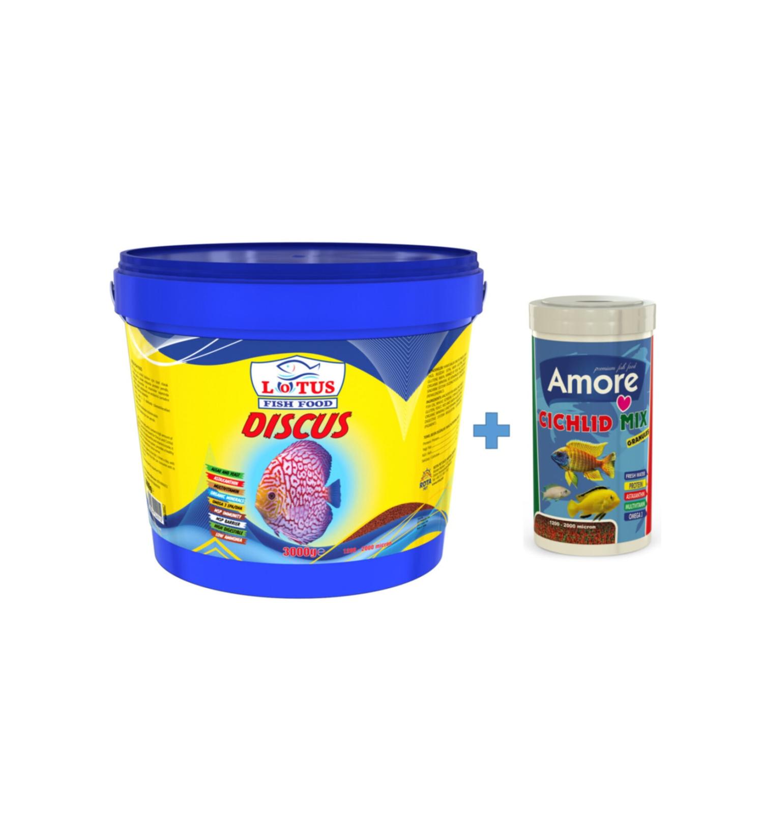 Lotus Discus 3 Kg Bucket + Amore Cichlid Mix 1000ml Box Malawi Cichlid Fish Food