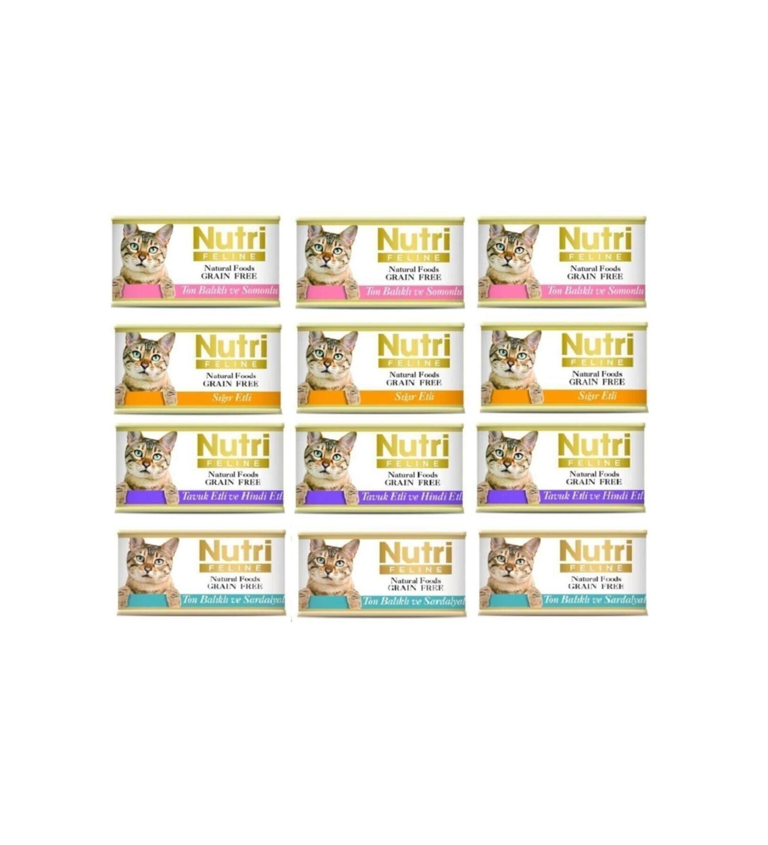 Nutri Feline 4 Types Mixed Grain-Free Gluten-Free Natural Cat Canned Food 12 Pieces 85 gr