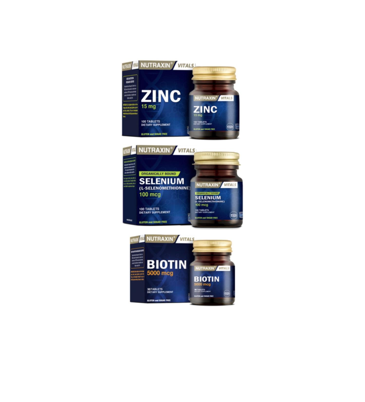 Nutraxin Zinc 15 Mg 100 Tablets + Biotin 5000 Mcg 30 Tablets + Selenium 100mcg 100 Tablets