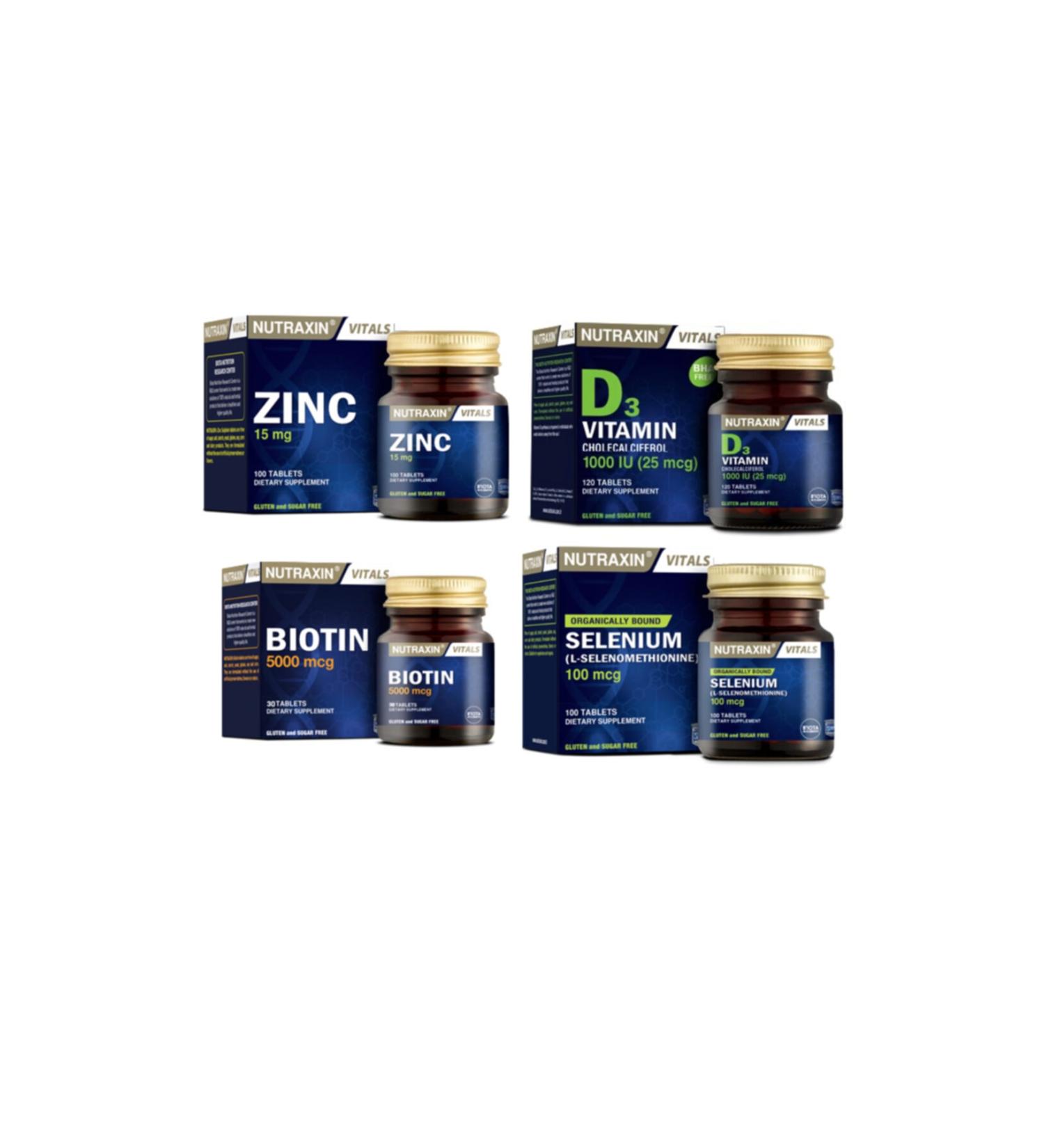 Nutraxin Zinc 15 Mg 100 Tablets + Vitamin D3 120 Tablets + Biotin 30 Tablets + Selenium 100 Tablets
